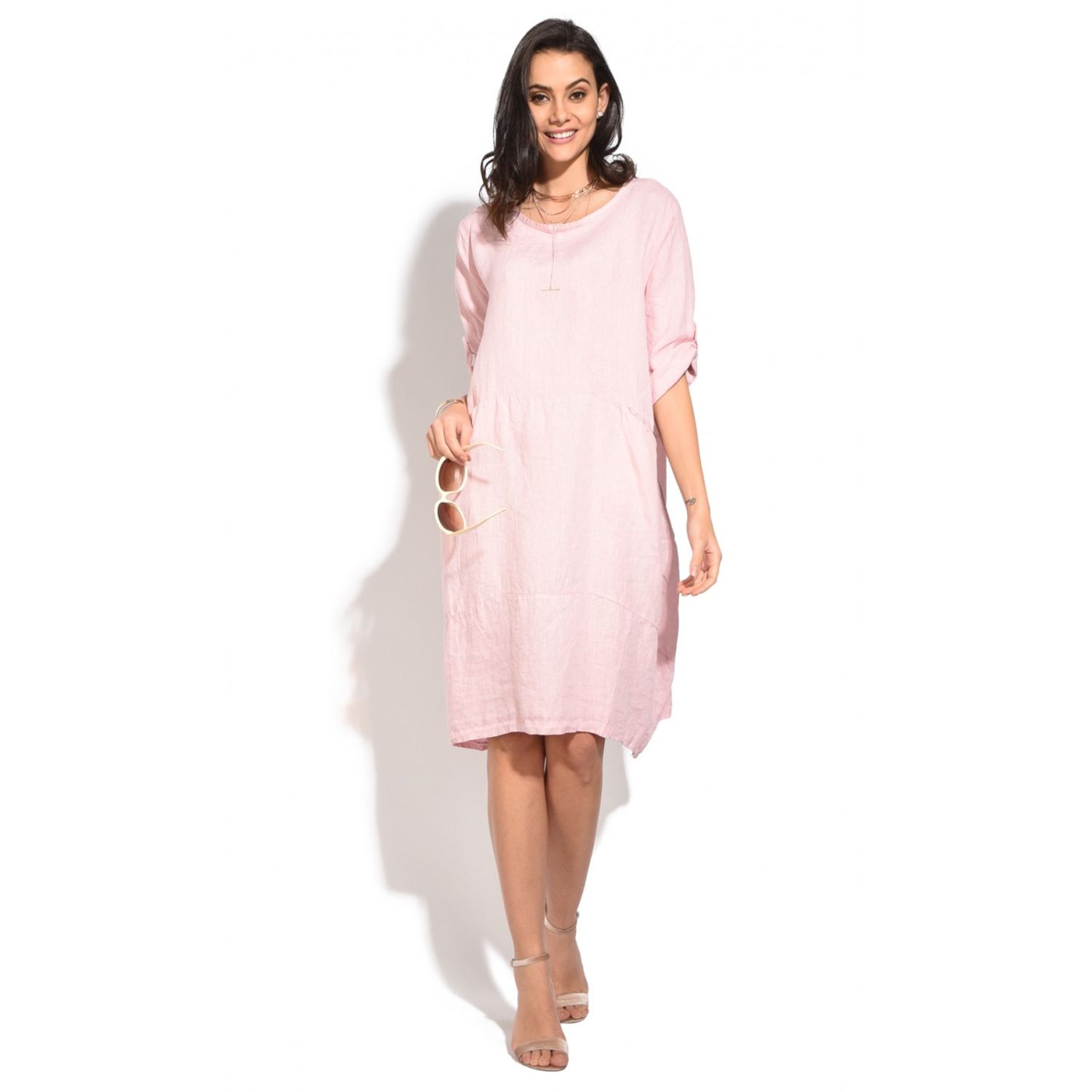Rochie de zi midi din in Le Jardin du Lin E18-39 Roz fotografia produsului