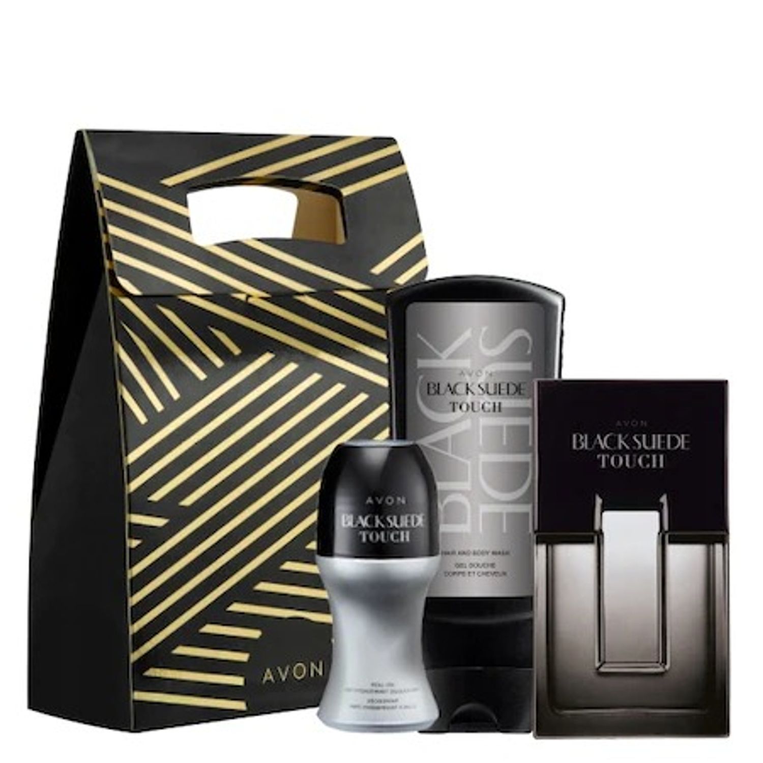 Set 3 produse Black Suede Touch, Avon - Apa de toaleta 75 ml, Gel de dus pentru par si corp 250 ml, Deodorant roll - 5059018006929 fotografia produsului