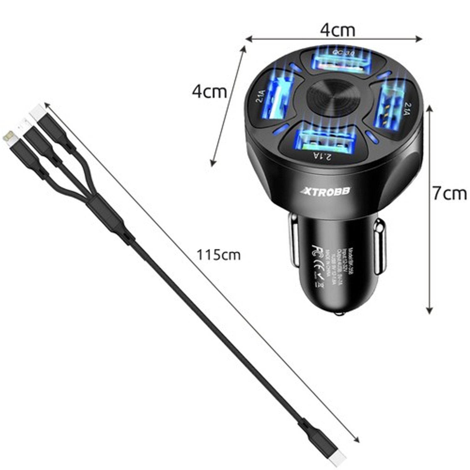 Incarcator auto Xtrobb cu 4x USB, Incarcare rapida si cablu incarcare 3 in 1 - Negru fotografia produsului View 7 L