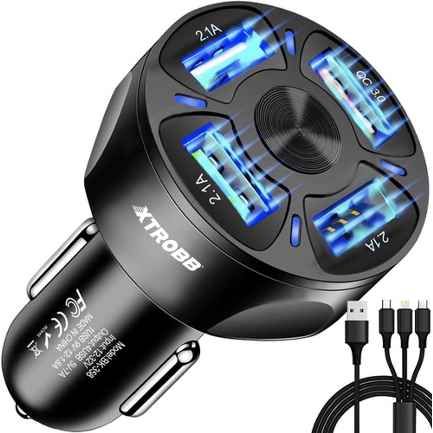 Incarcator auto Xtrobb cu 4x USB, Incarcare rapida si cablu incarcare 3 in 1 - Negru fotografia produsului
