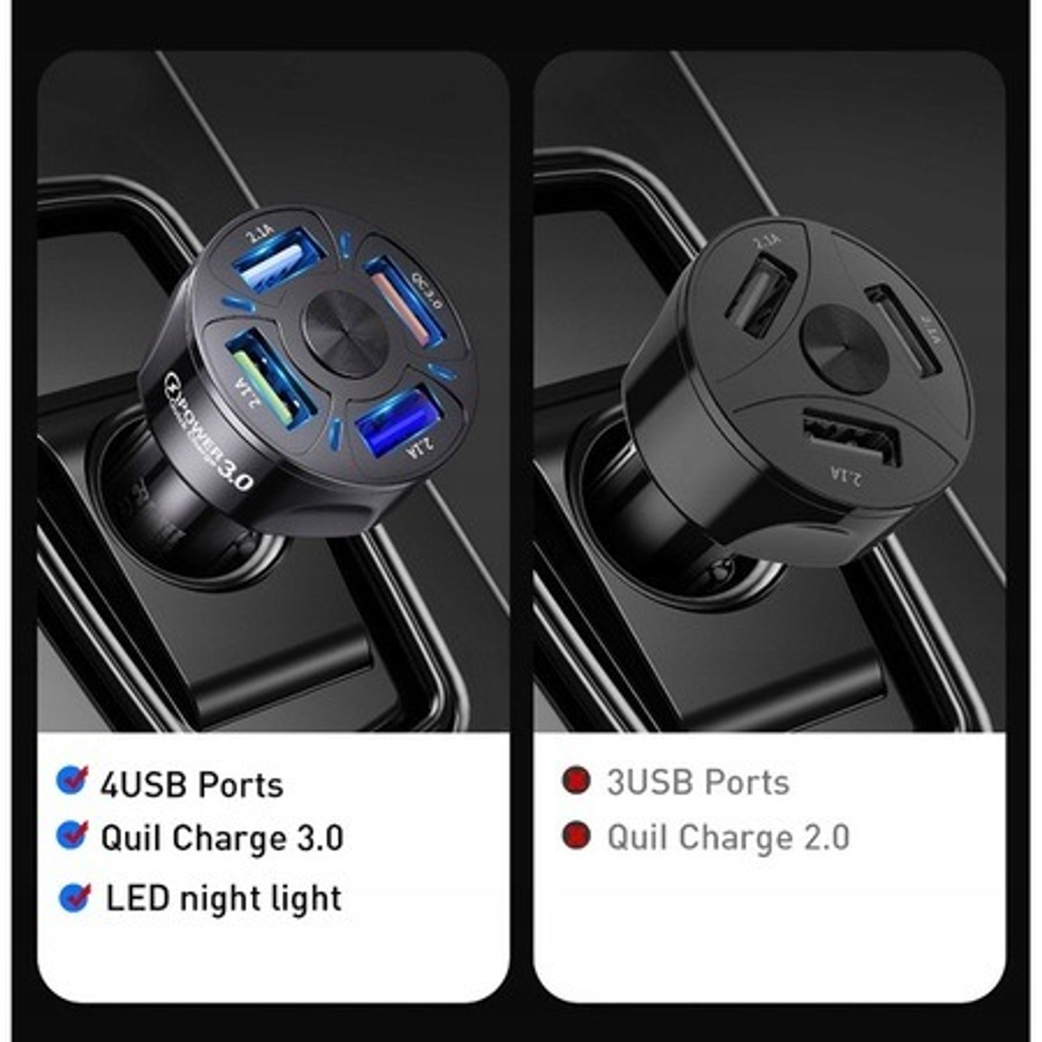 Incarcator Auto inteligent cu 4 porturi USB, cu Incarcare Rapida Qualcomm si Multiple Protectii, negru fotografia produsului View 3 L