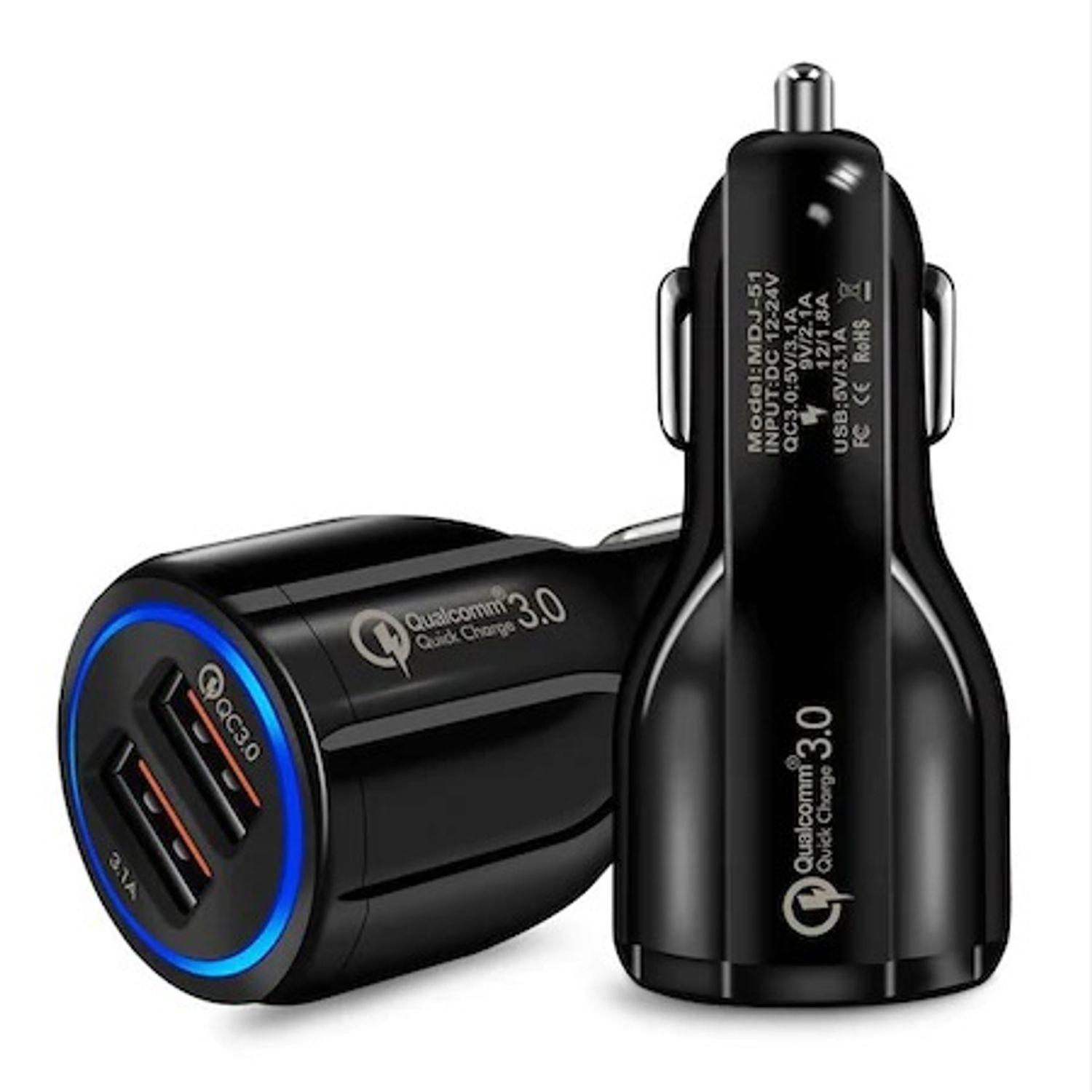 Incarcator auto Quick Charge 3.0, 2 x USB, 6A, Qualcomm, Aziao Performance Design, Negru fotografia produsului View 2 L