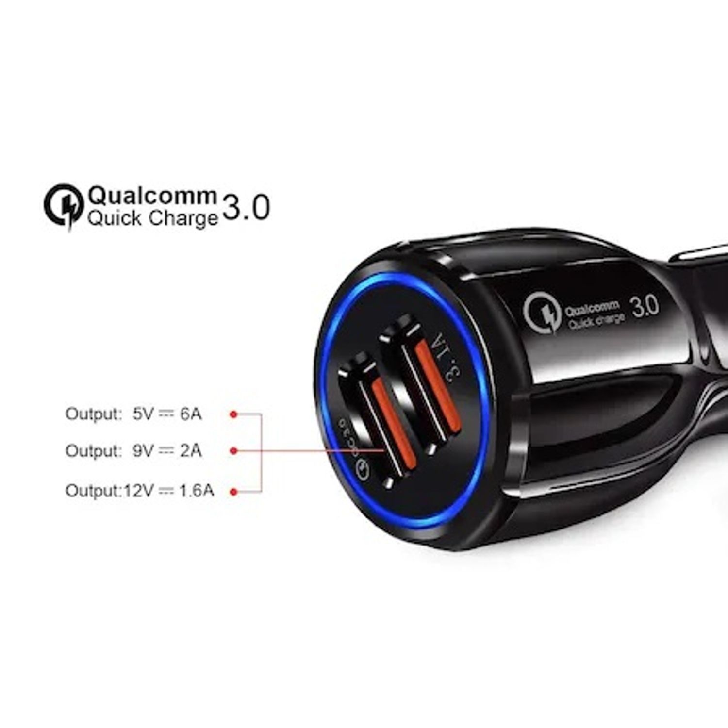 Incarcator auto Quick Charge 3.0, 2 x USB, 6A, Qualcomm, Aziao Performance Design, Negru fotografia produsului View 4 L