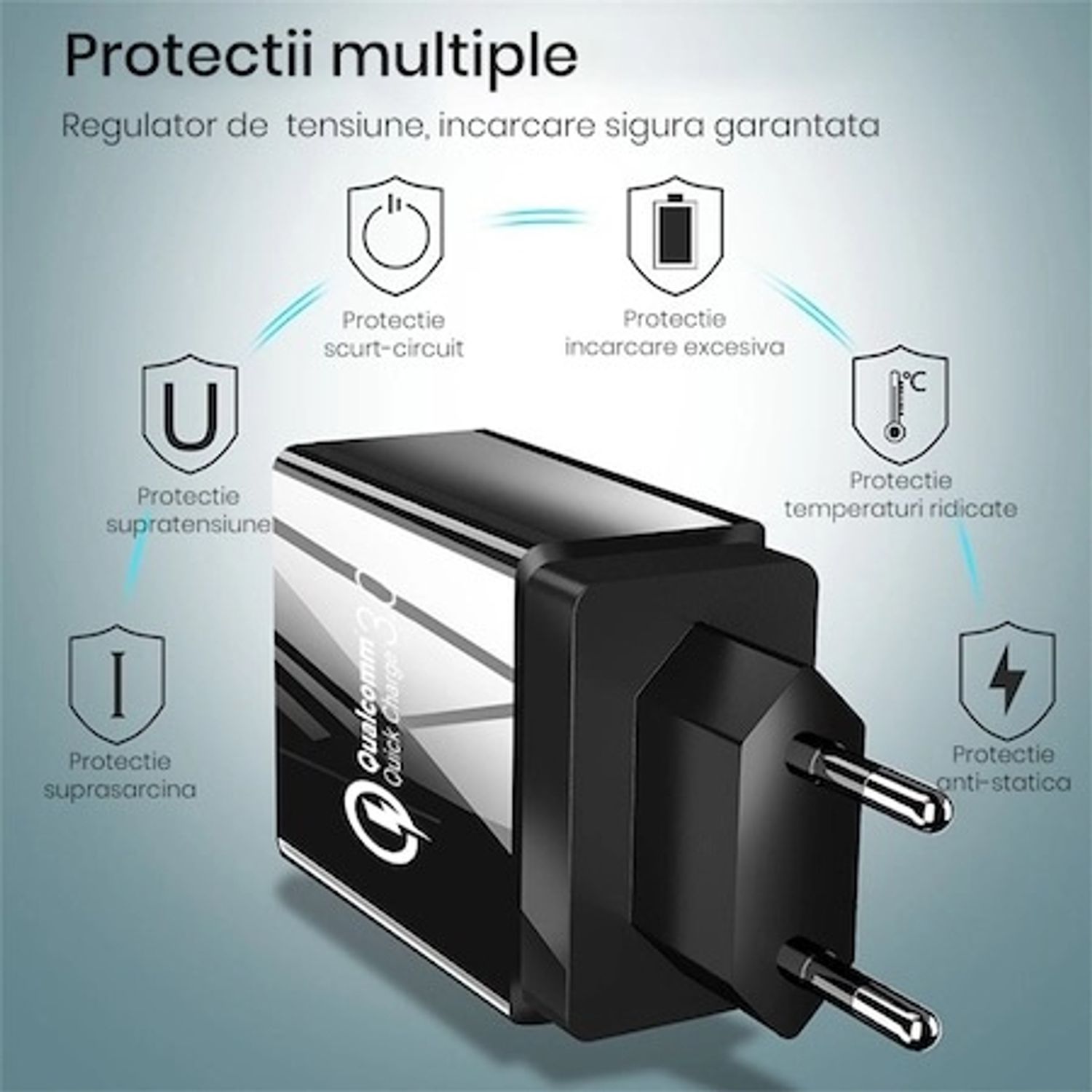 Incarcator rapid cu 3 porturi usb FastCharging 3.0, universal Negru fotografia produsului View 3 L