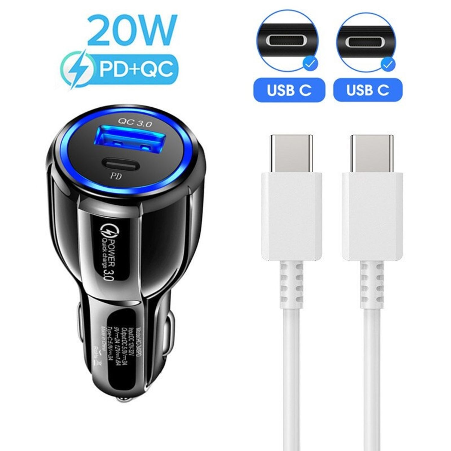 Kit incarcator Auto USB-A/PD -Cablu Type C-C NEGRU fotografia produsului View 6 L