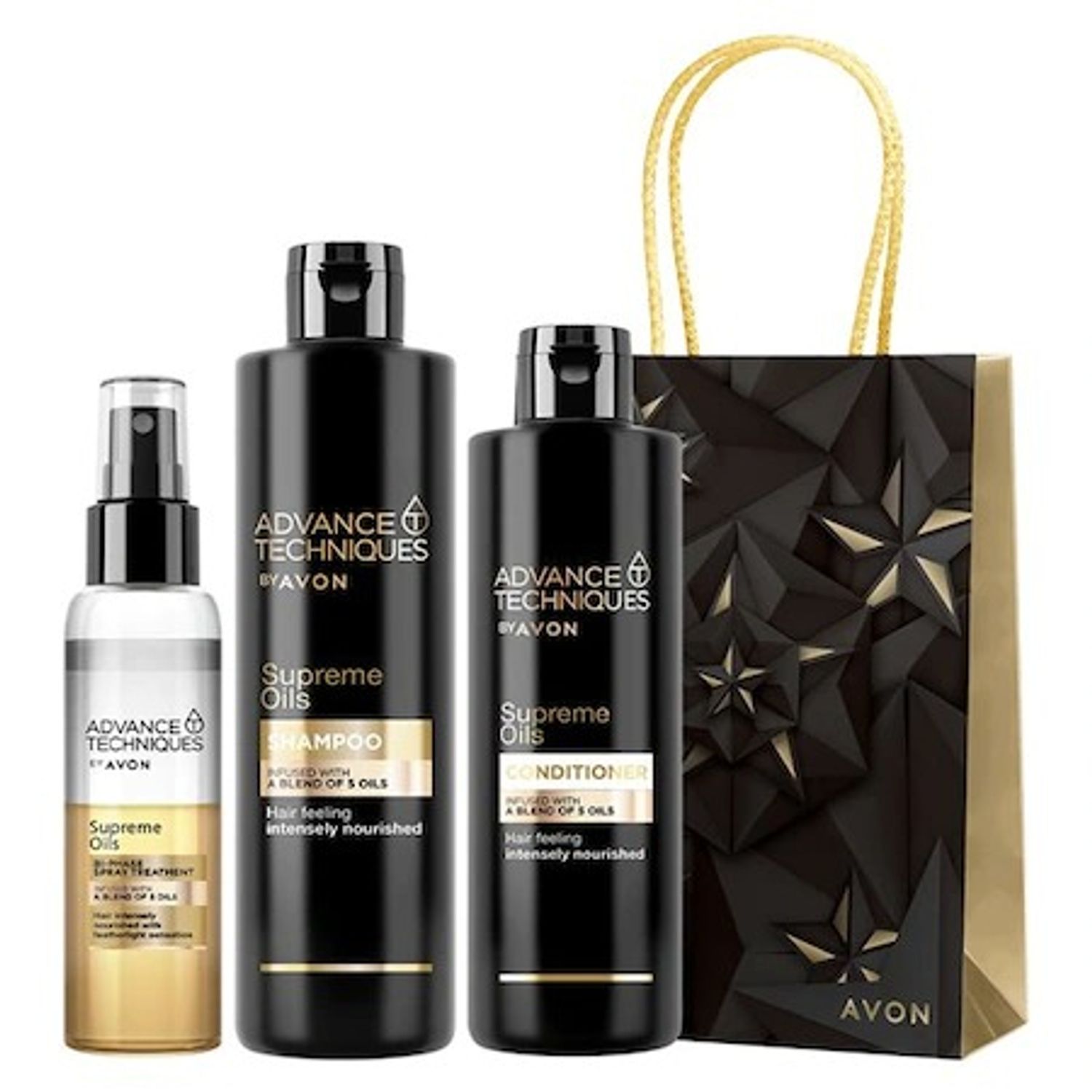 Set cadou pentru ingrijirea parului Avon, Sampon 400 ml, Balsam 250 ml, Ser 30 ml si punga cadou fotografia produsului