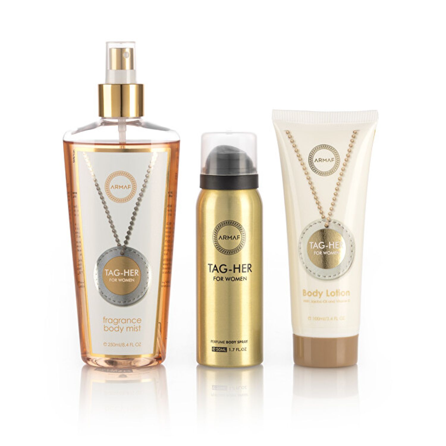 Set deodorant Armaf Tag Her 50 ml + loțiune de corp 100 ml + spray de corp 250 ml fotografia produsului