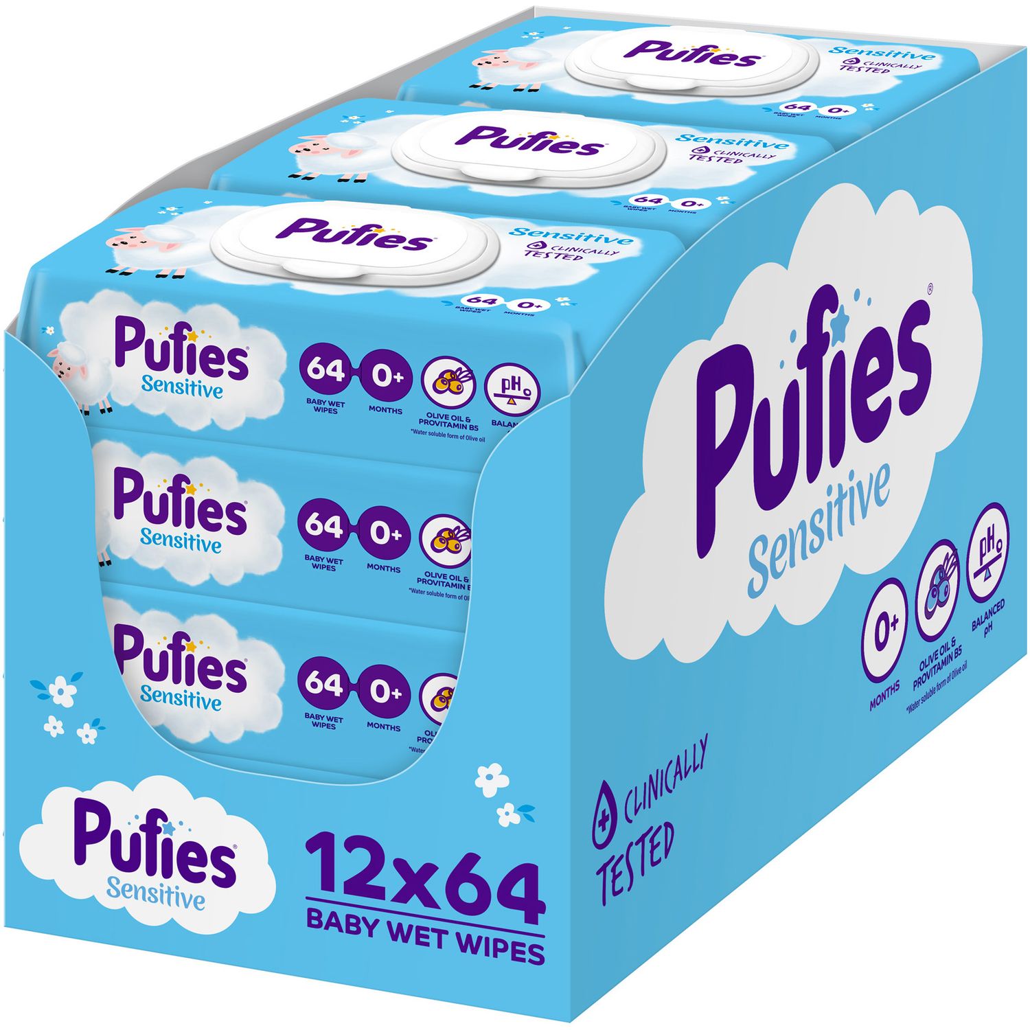 Servetele umede Pufies Sensitive, 12 pachete x 64 buc, 768 buc fotografia produsului