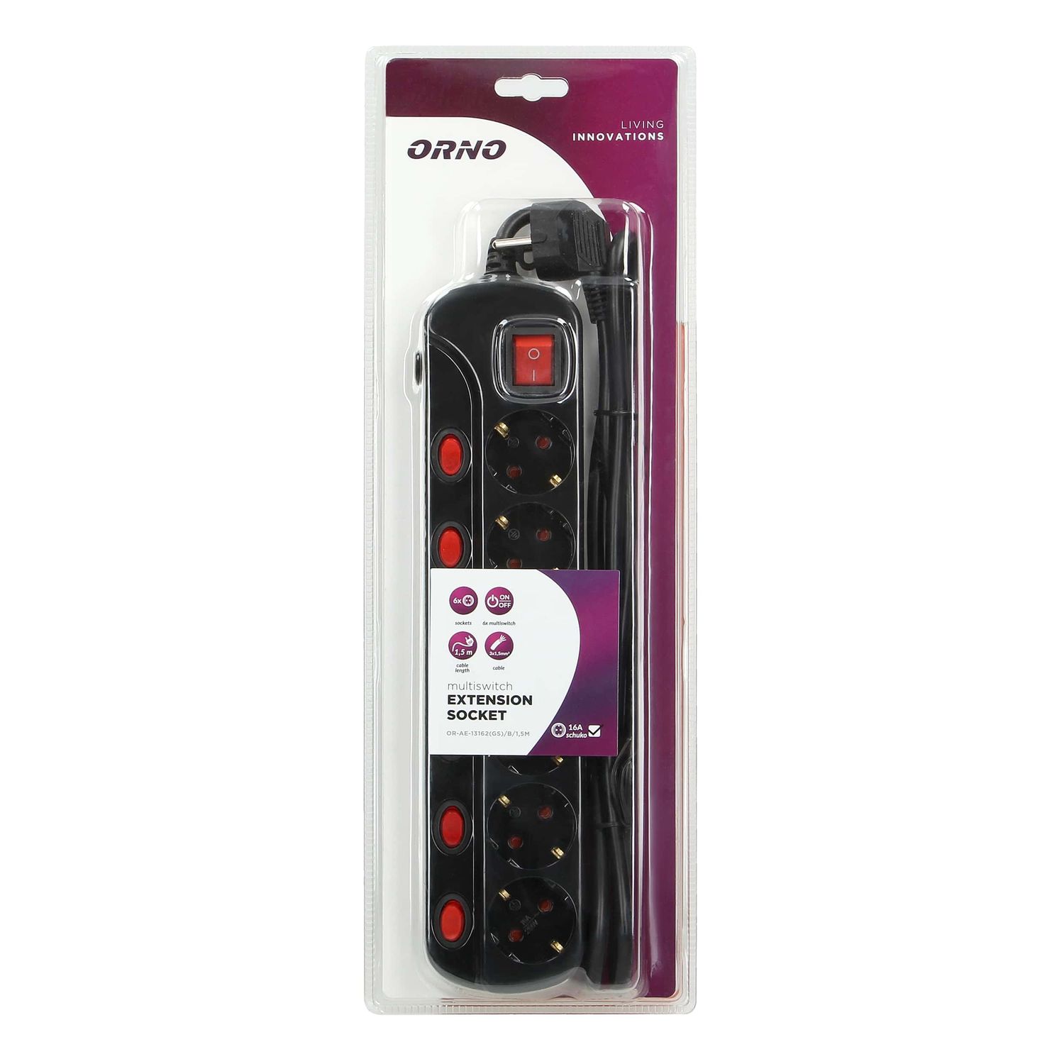 Prelungitor cu 6 Prize, Cu Intrerupator Individual, Negru, Cablu de 1.5M fotografia produsului View 3 L