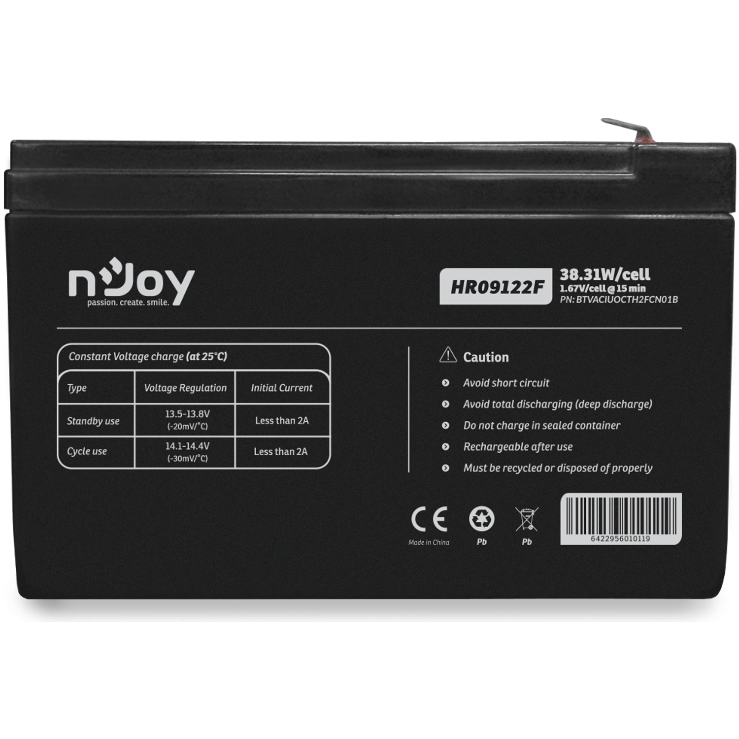 Acumulator UPS nJoy HR09122F, 12V /9Ah, conectori T2 fotografia produsului View 3 L