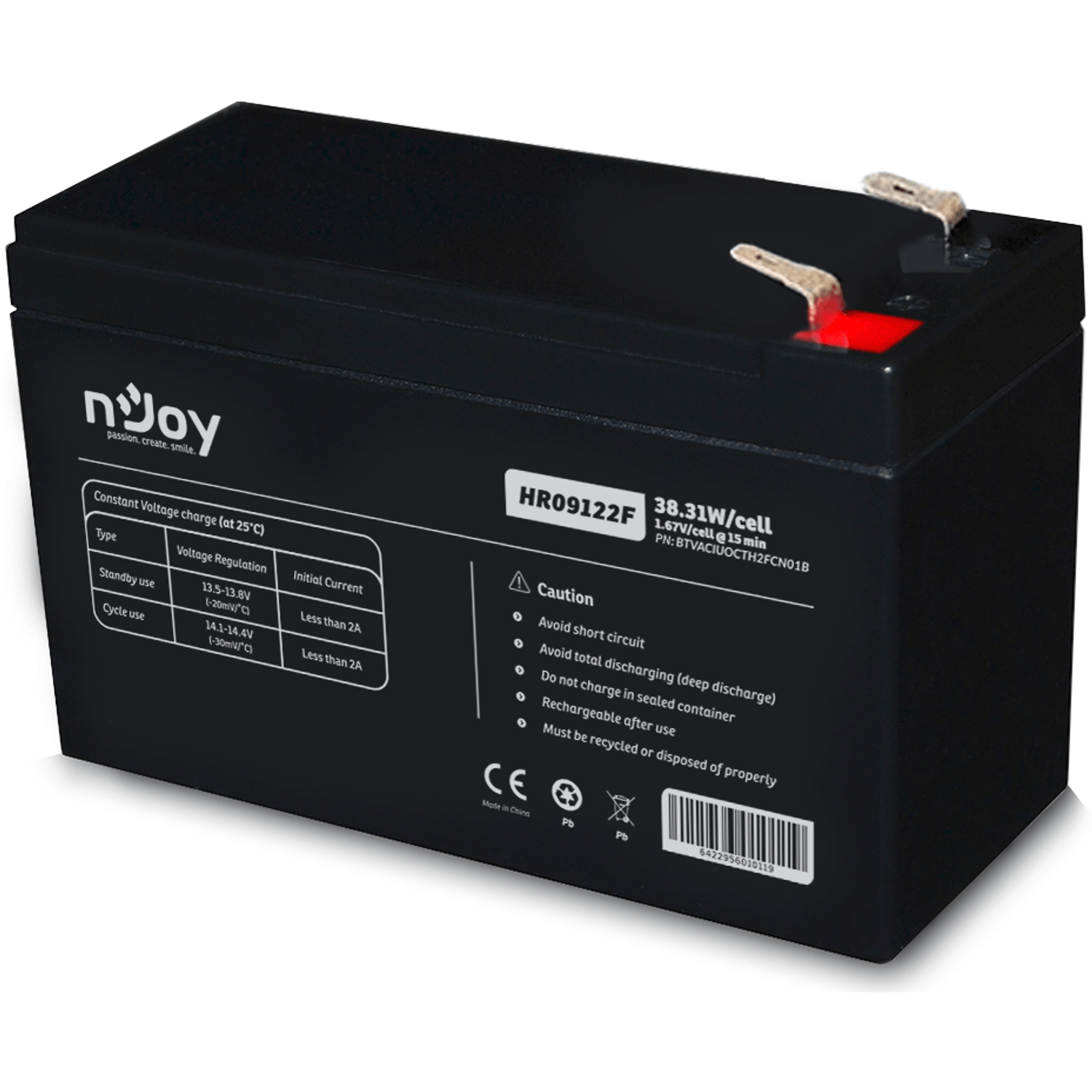 Acumulator UPS nJoy HR09122F, 12V /9Ah, conectori T2 fotografia produsului View 2 L