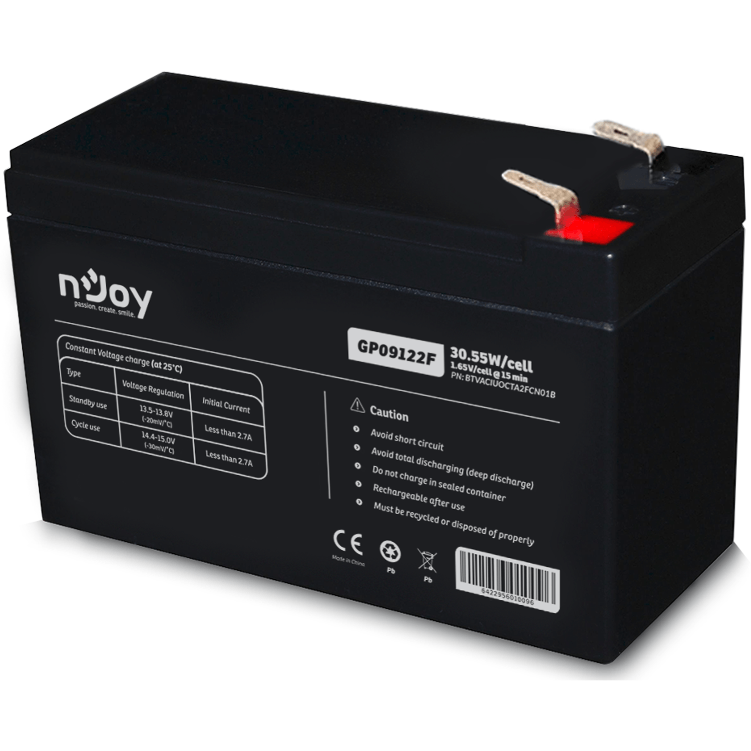 Acumulator UPS nJoy GP09122F, 12V /30.55W, conectori T2 fotografia produsului View 2 L