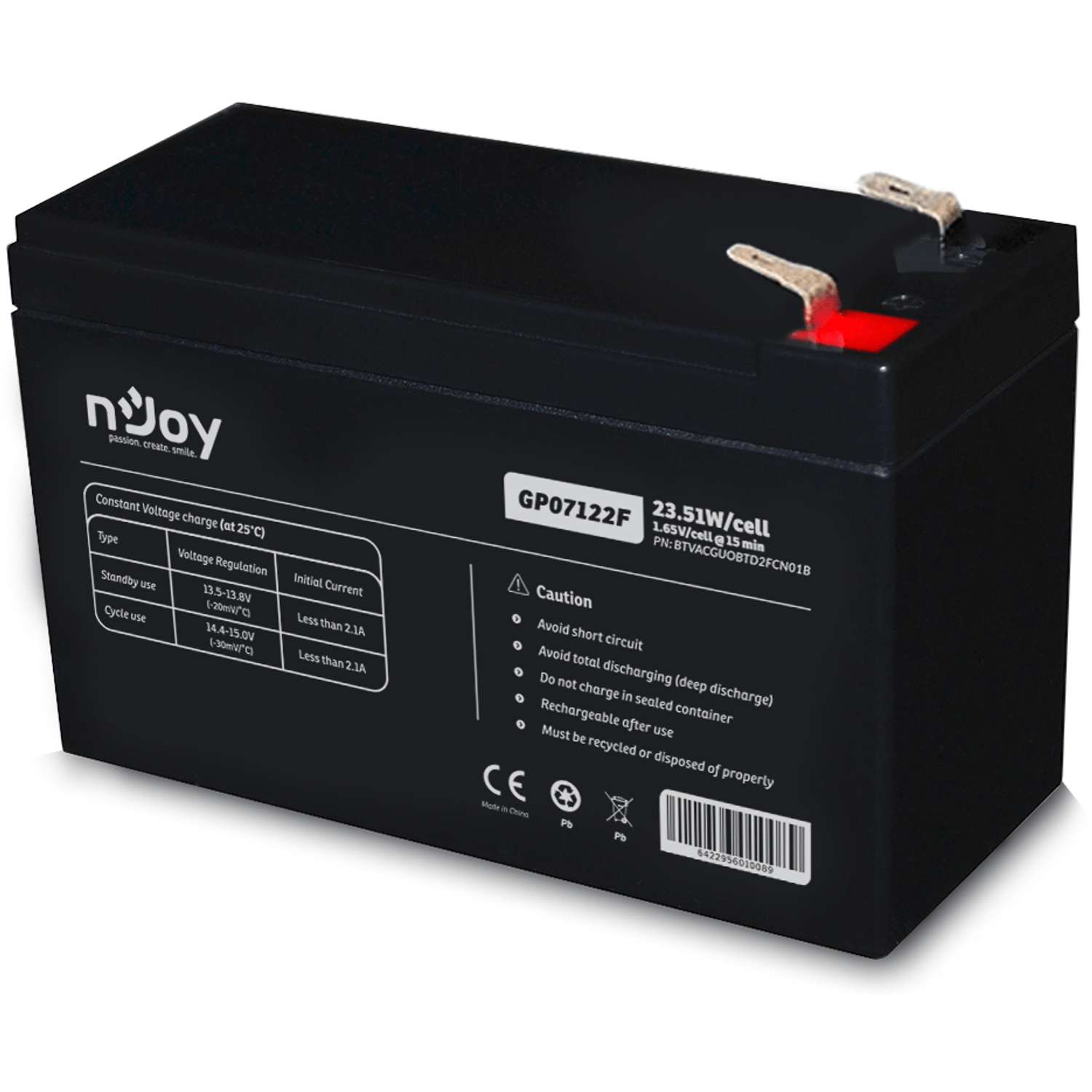 Acumulator UPS nJoy GP07122F, 12V /7Ah, conectori T2 fotografia produsului View 2 L