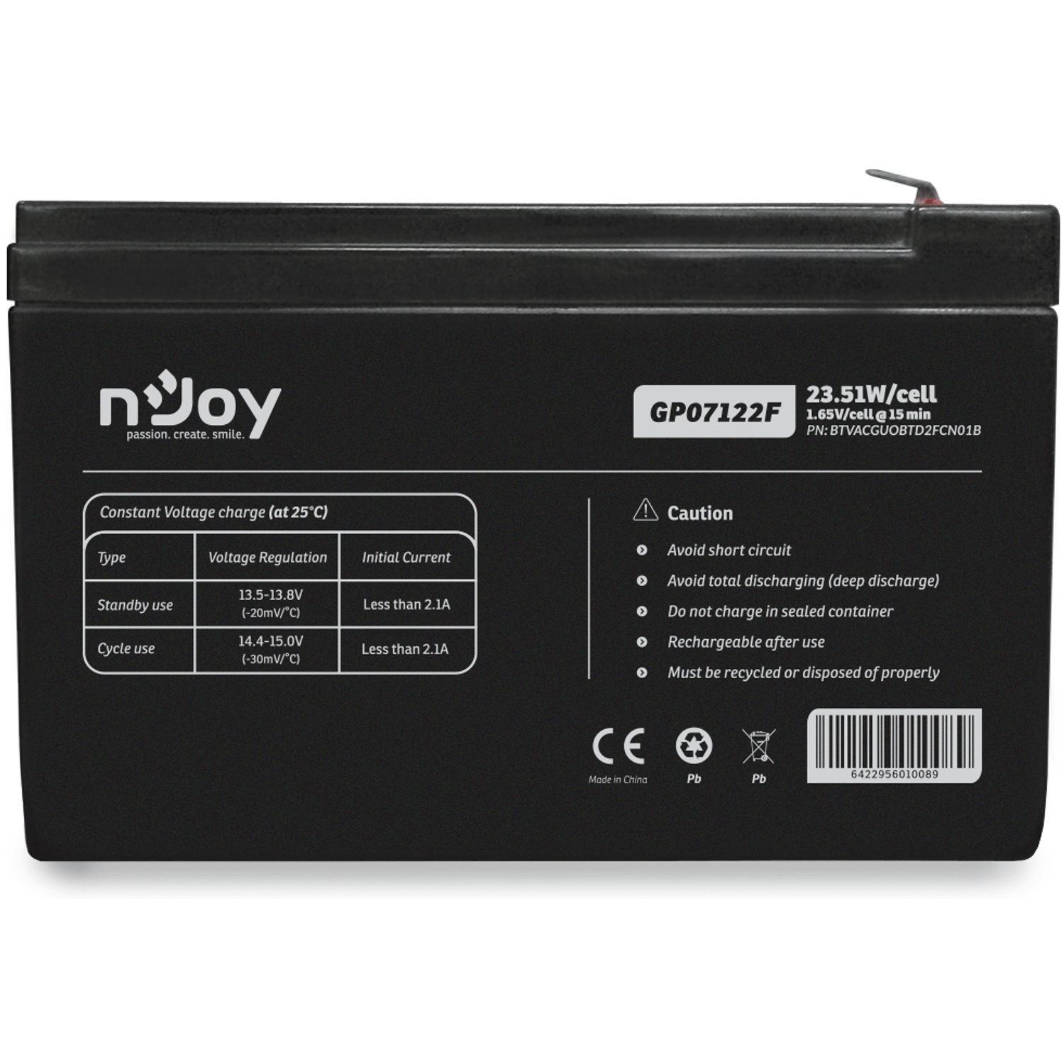 Acumulator UPS nJoy GP07122F, 12V /7Ah, conectori T2 fotografia produsului View 3 L
