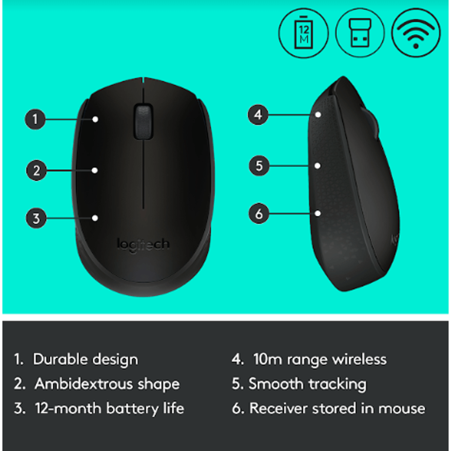Mouse Logitech M171, Wireless, Negru Mouse Wireless Logitech M171, USB, 1000 DPI (Negru) fotografia produsului View 10 L
