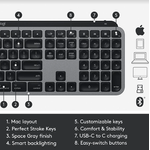 Tastatura Logitech MX Keys for Mac Wireless Illuminated, Bluetooth/USB (Negru/Gri) fotografia produsului View 13 S