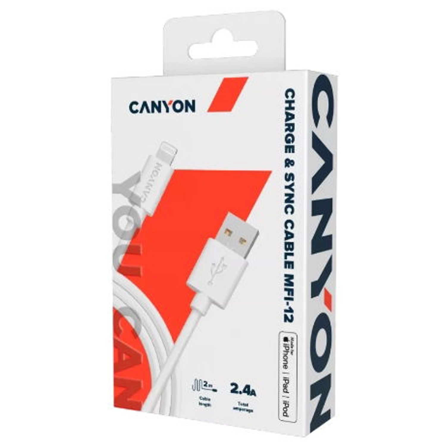 Cablu de date Canyon MFI-12, USB - Lightning, 2m (Alb) fotografia produsului View 2 L