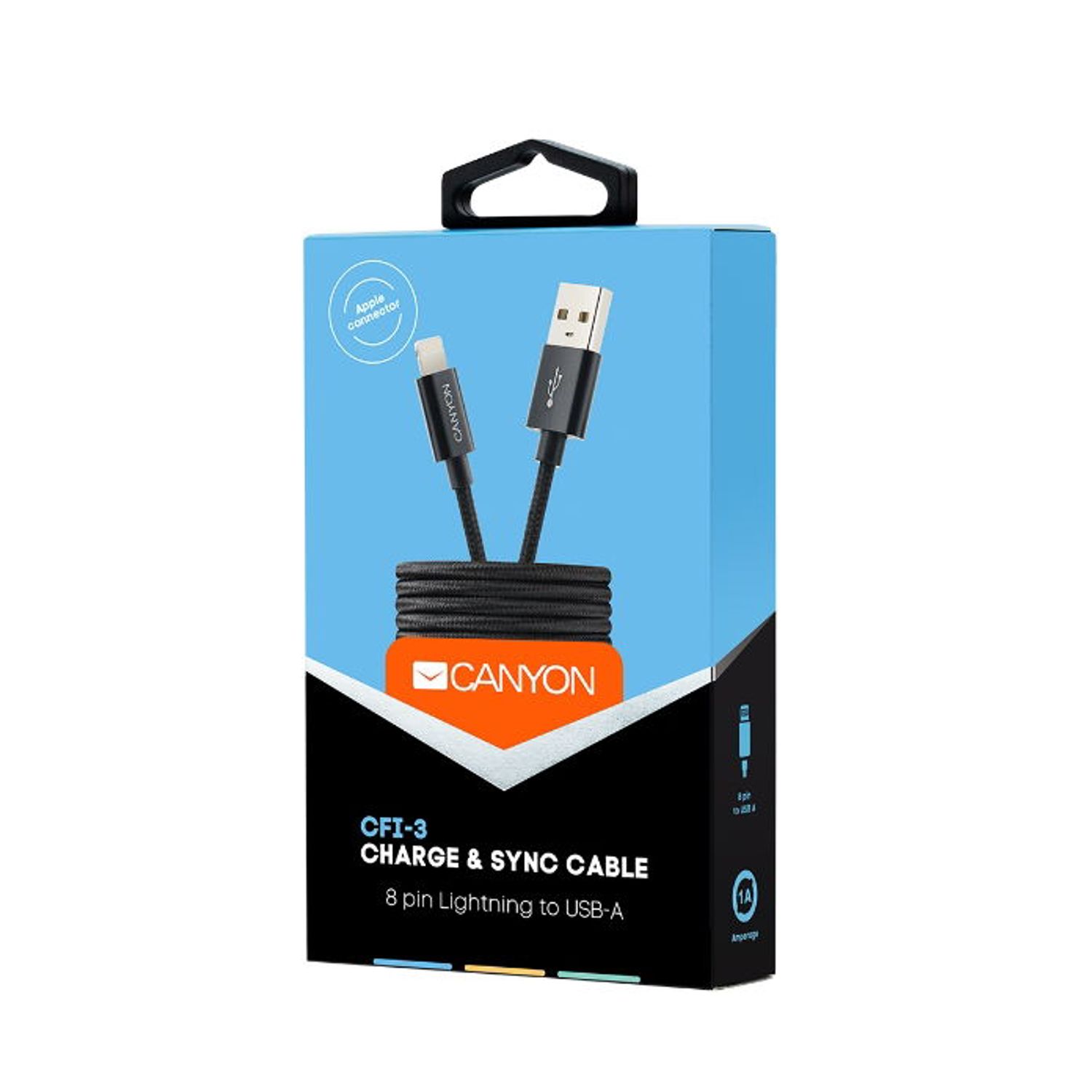 Cablu de date Canyon CNE-CFI3B, USB - Lightning, 1m (Negru) fotografia produsului View 3 L