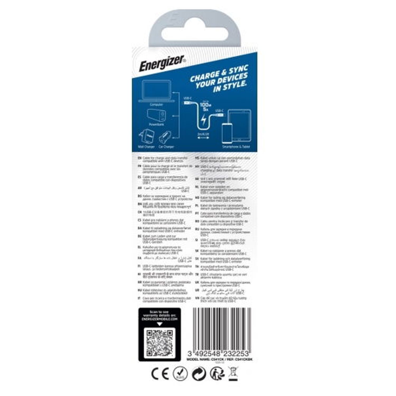 Cablu de date Energizer C541CKBK, USB-C, 2m (Negru) fotografia produsului View 3 L