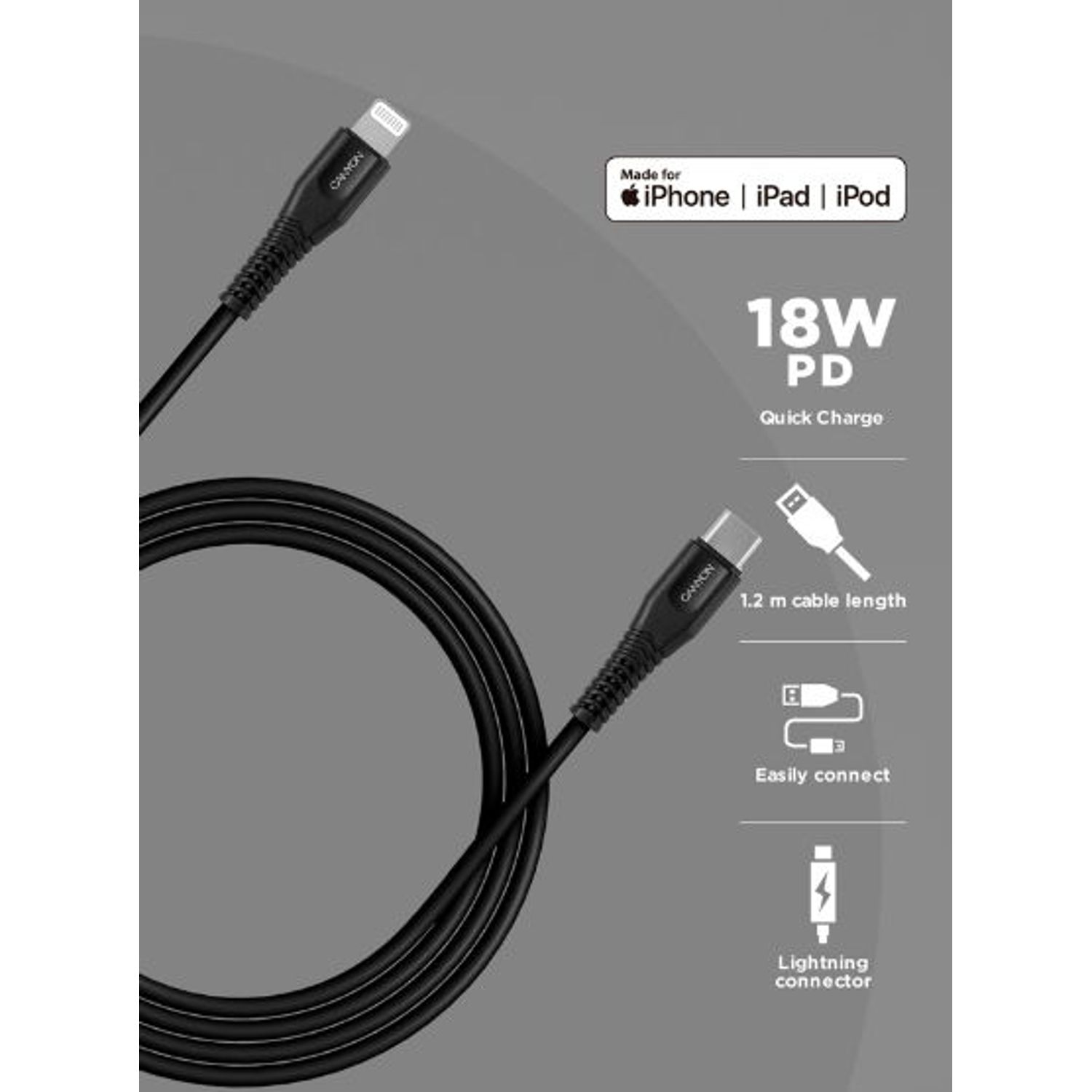 Cablu de date Canyon MFI-4, USB Type C - Lightning, 1.2m, 18W (Negru) fotografia produsului View 5 L