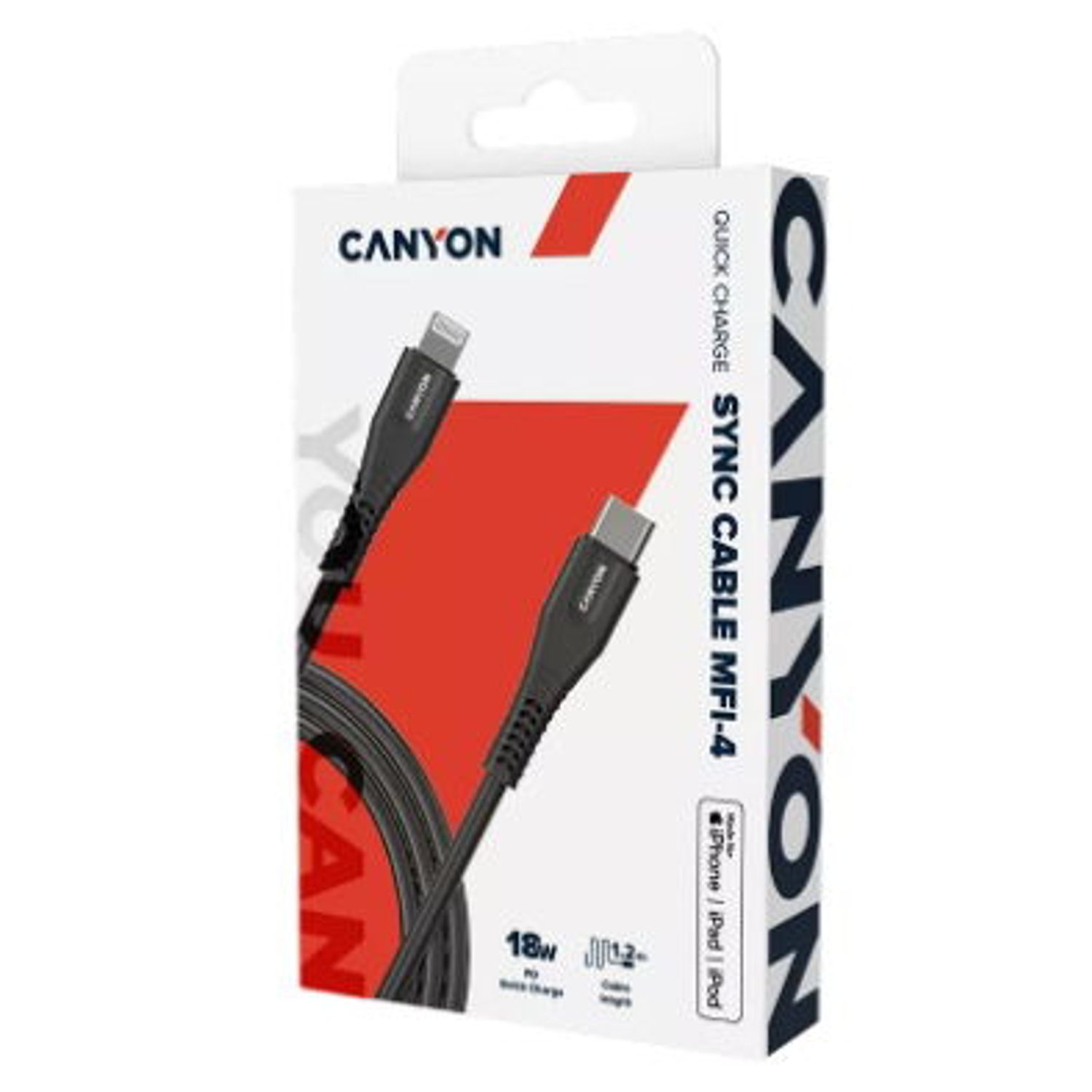 Cablu de date Canyon MFI-4, USB Type C - Lightning, 1.2m, 18W (Negru) fotografia produsului View 4 L