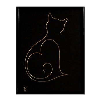 Tablou Pisica Cat Love, Sculptura In Fir Continuu De Sarma Non-tarnish Auriu De 1 Mm, Rama Neagra 15x20 Cm, Fundal Negru