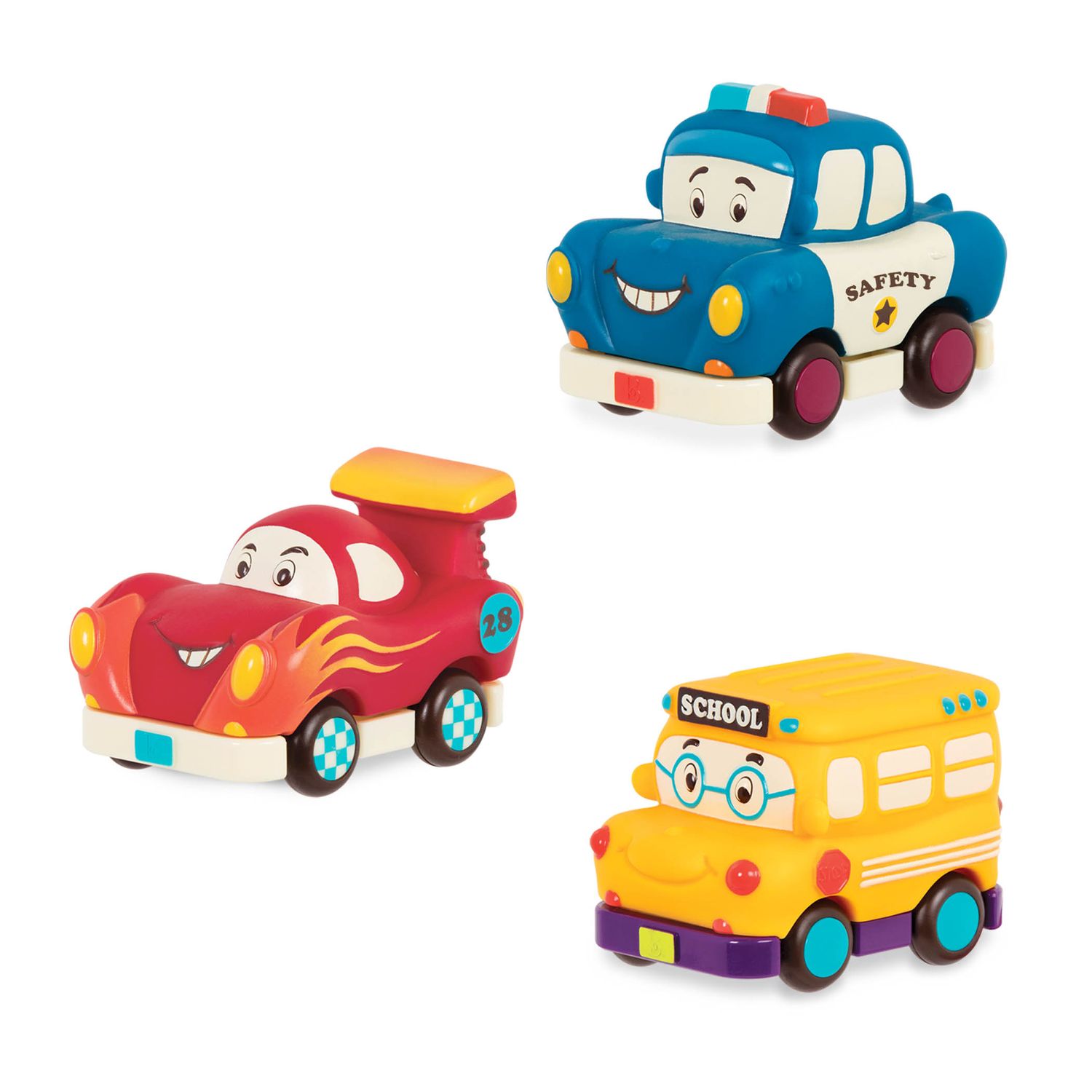 Set 3 mini masinute - curse, politie si autobuz de scoala B.Toys fotografia produsului