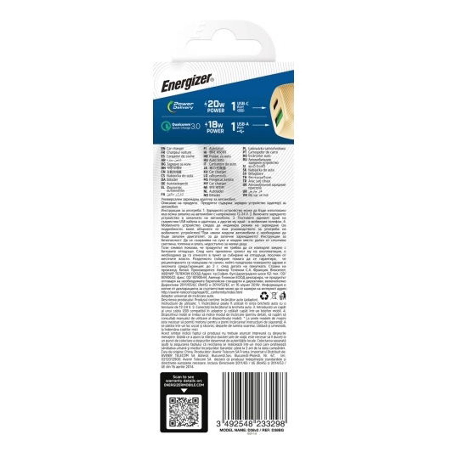 Incarcator auto Energizer D38BG, 38W, USB, USB-C (Negru/Auriu) fotografia produsului View 4 L