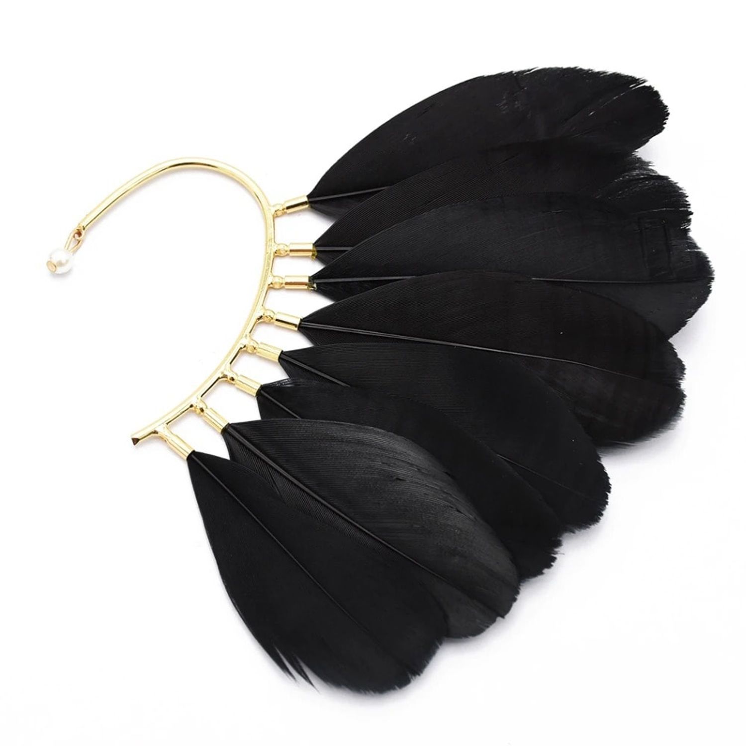 Cercel ear cuff, auriu, cu pene negre, Robin C2 fotografia produsului View 2 L