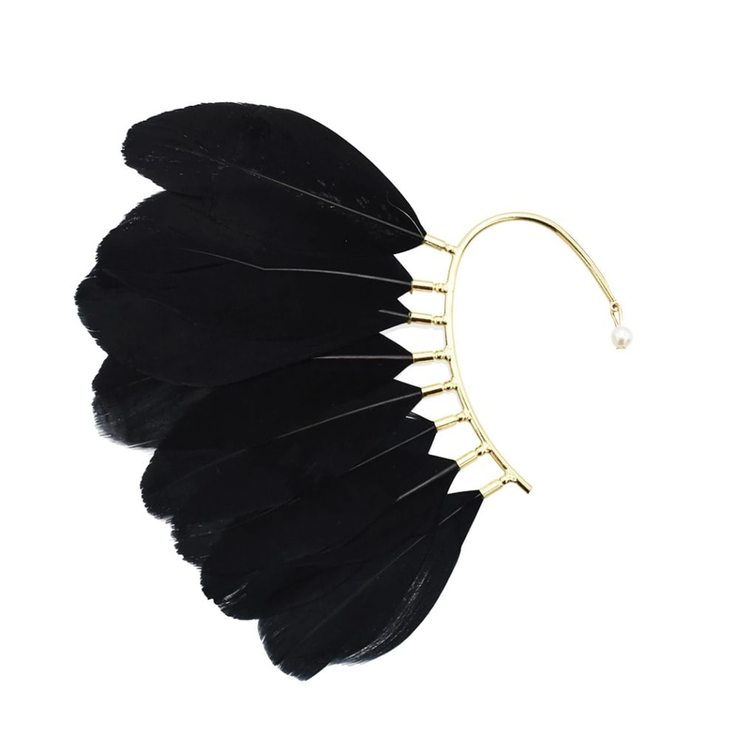 Cercel ear cuff, auriu, cu pene negre, Robin C2 fotografia produsului View 3 L