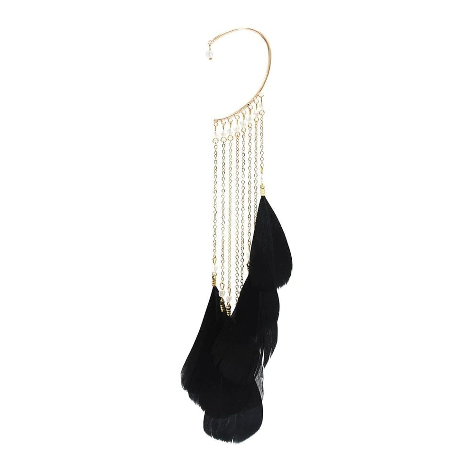 Cercel ear cuff, auriu, lung, cu pene negre, Rita C1 fotografia produsului
