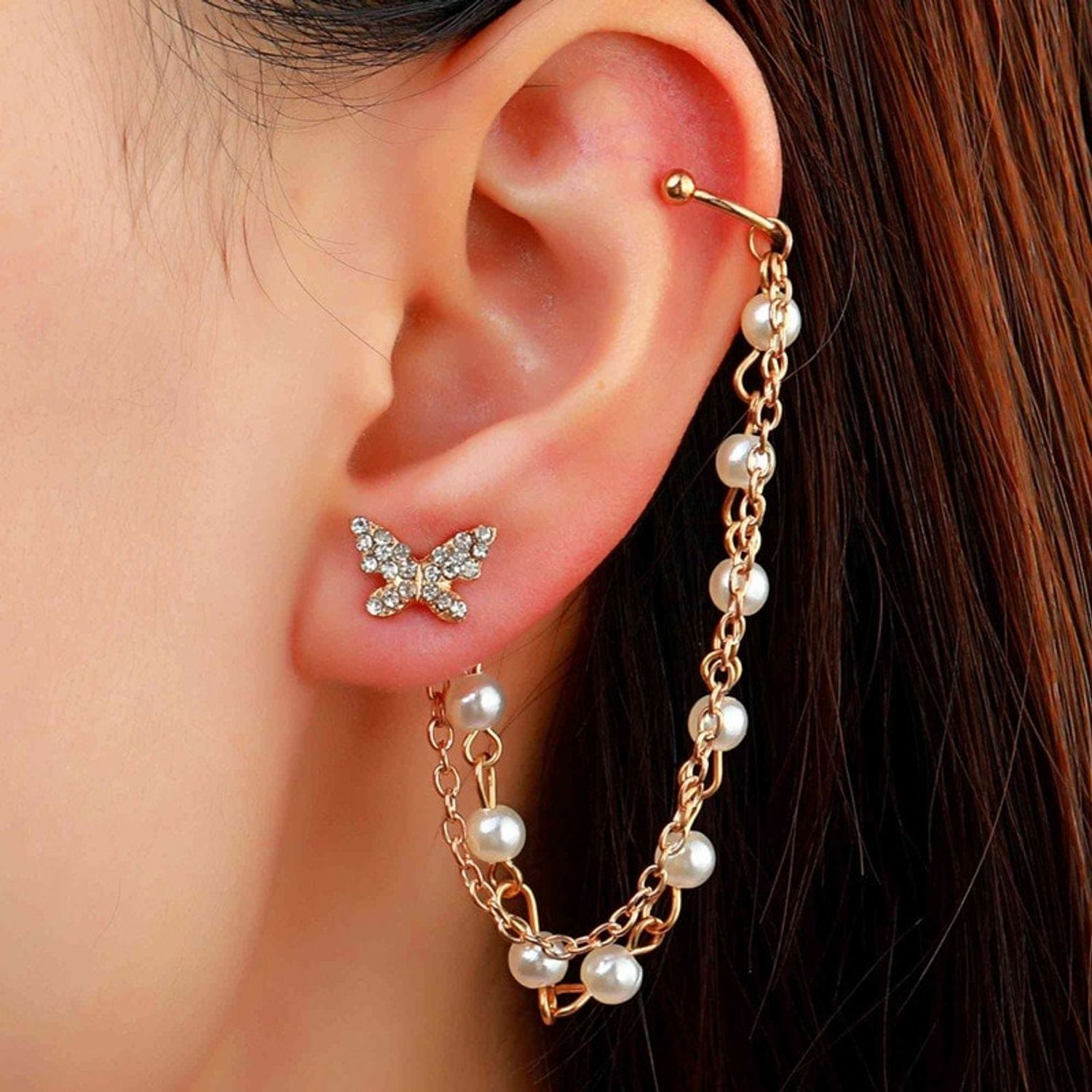 Cercel ear cuff, auriu, cu fluture, pietre si perle, Rozalia C5 fotografia produsului