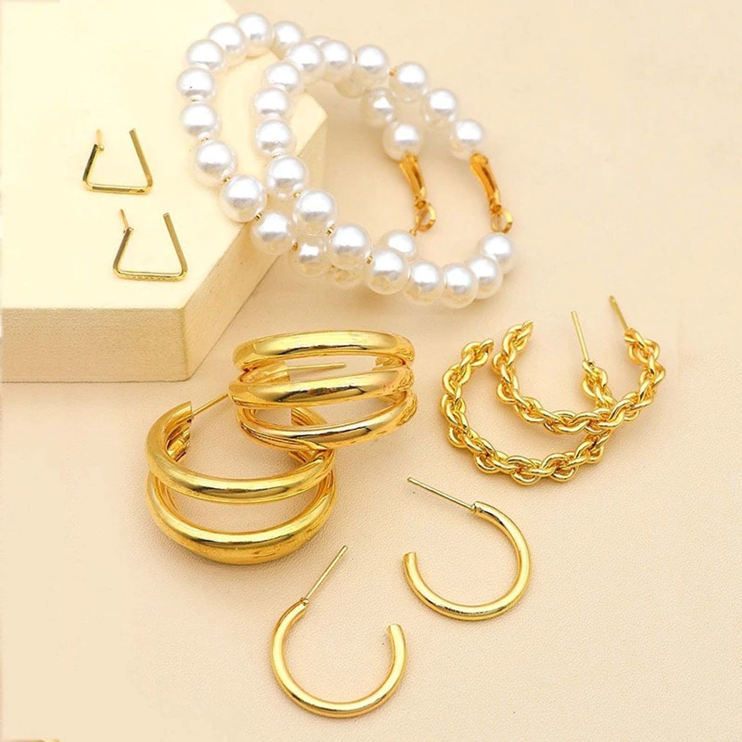 Set cercei, aurii, forme diverse, cu perle, Sanja C27 fotografia produsului View 4 L