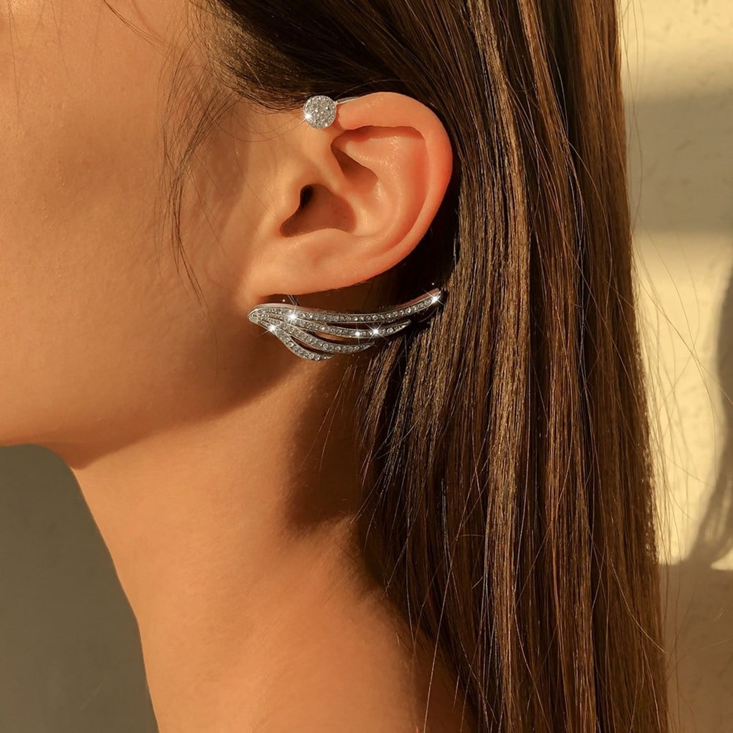 Cercel ear cuff, argintiu, cu pietre si aripi, Caitlin C4 fotografia produsului View 3 L