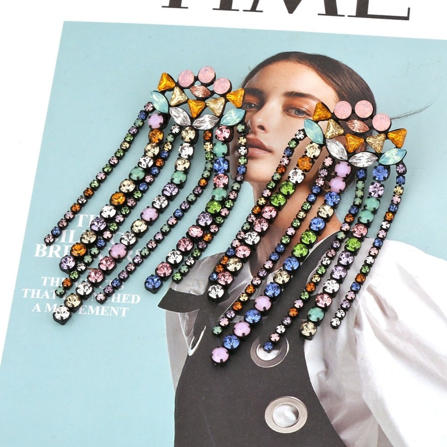 Cercei argintii, lungi, cu franjuri si pietre multicolore, Cesar C3 fotografia produsului View 5 L