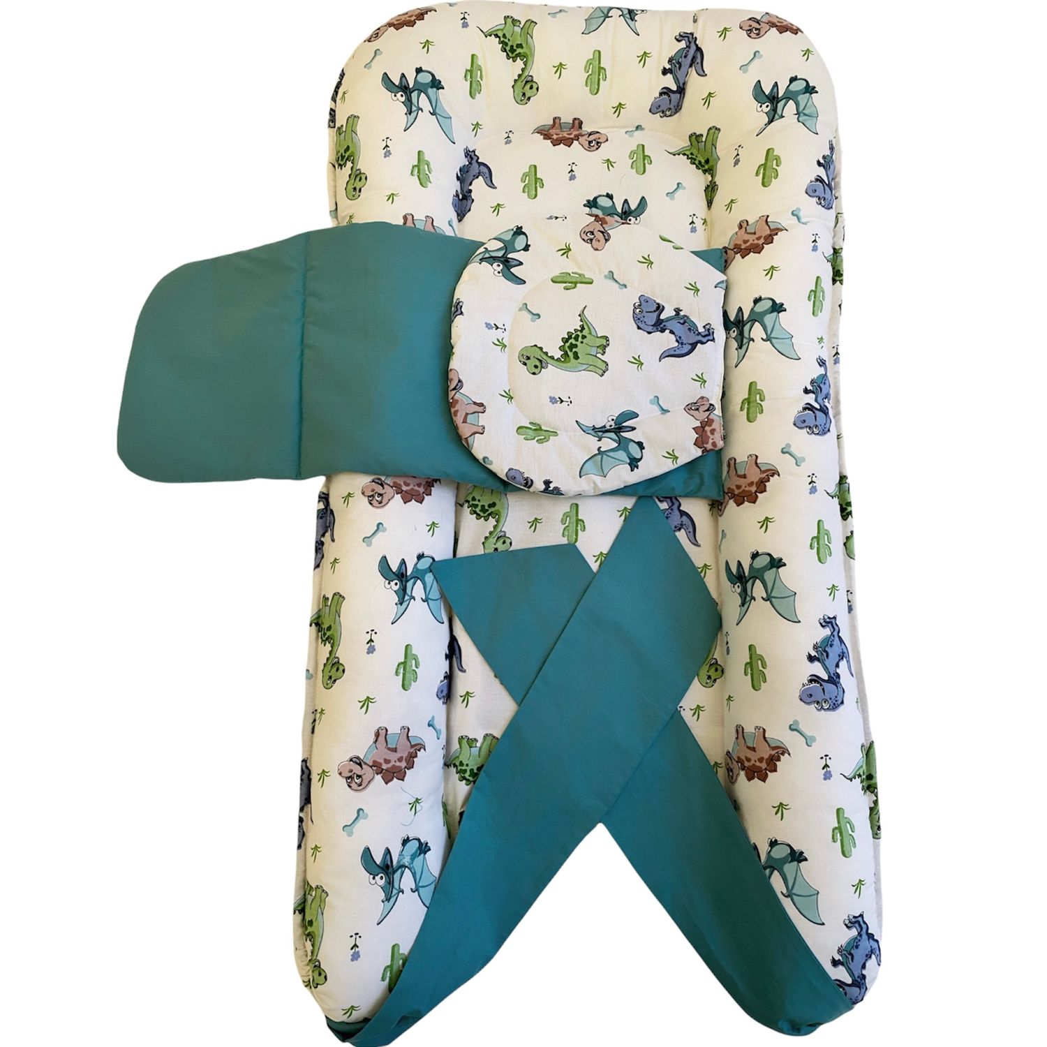 Pozitionator pentru bebelusi, Baby Nest, Model Dinozauri, 100% bumbac Ranforce, Verde - Turcoaz fotografia produsului View 2 L
