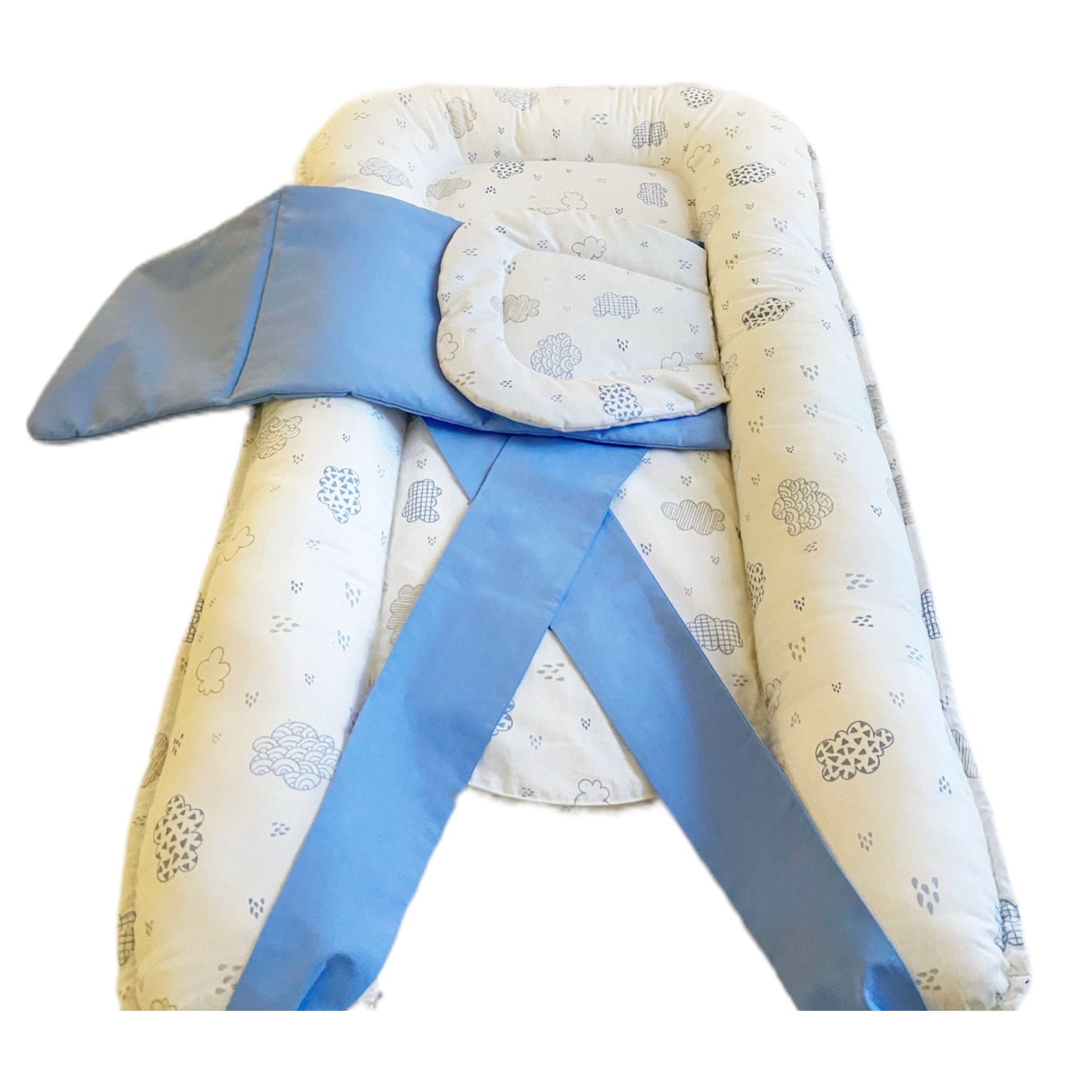 Pozitionator pentru bebelusi, Baby Nest, Model Nor Albastru, 100% bumbac Ranforce, Alb - Albastru fotografia produsului View 2 L