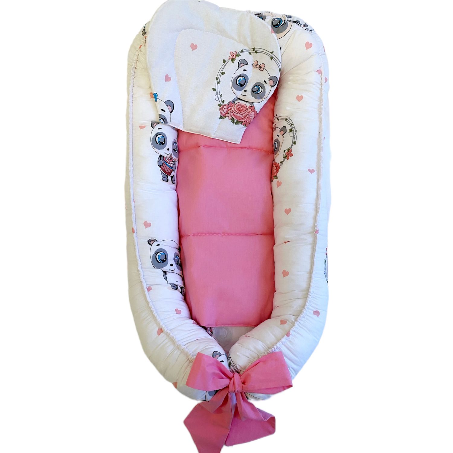 Pozitionator pentru bebelusi, Baby Nest, Model Panda Roz, 100% bumbac Ranforce, Roz - Alb fotografia produsului View 3 L