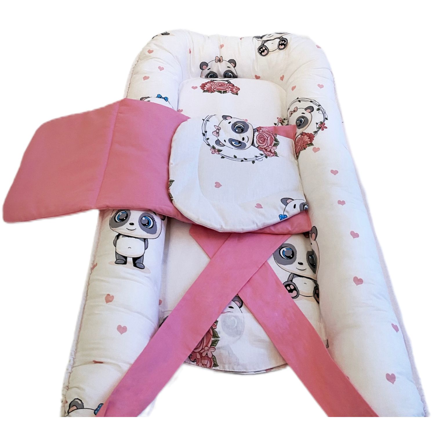 Pozitionator pentru bebelusi, Baby Nest, Model Panda Roz, 100% bumbac Ranforce, Roz - Alb fotografia produsului View 2 L