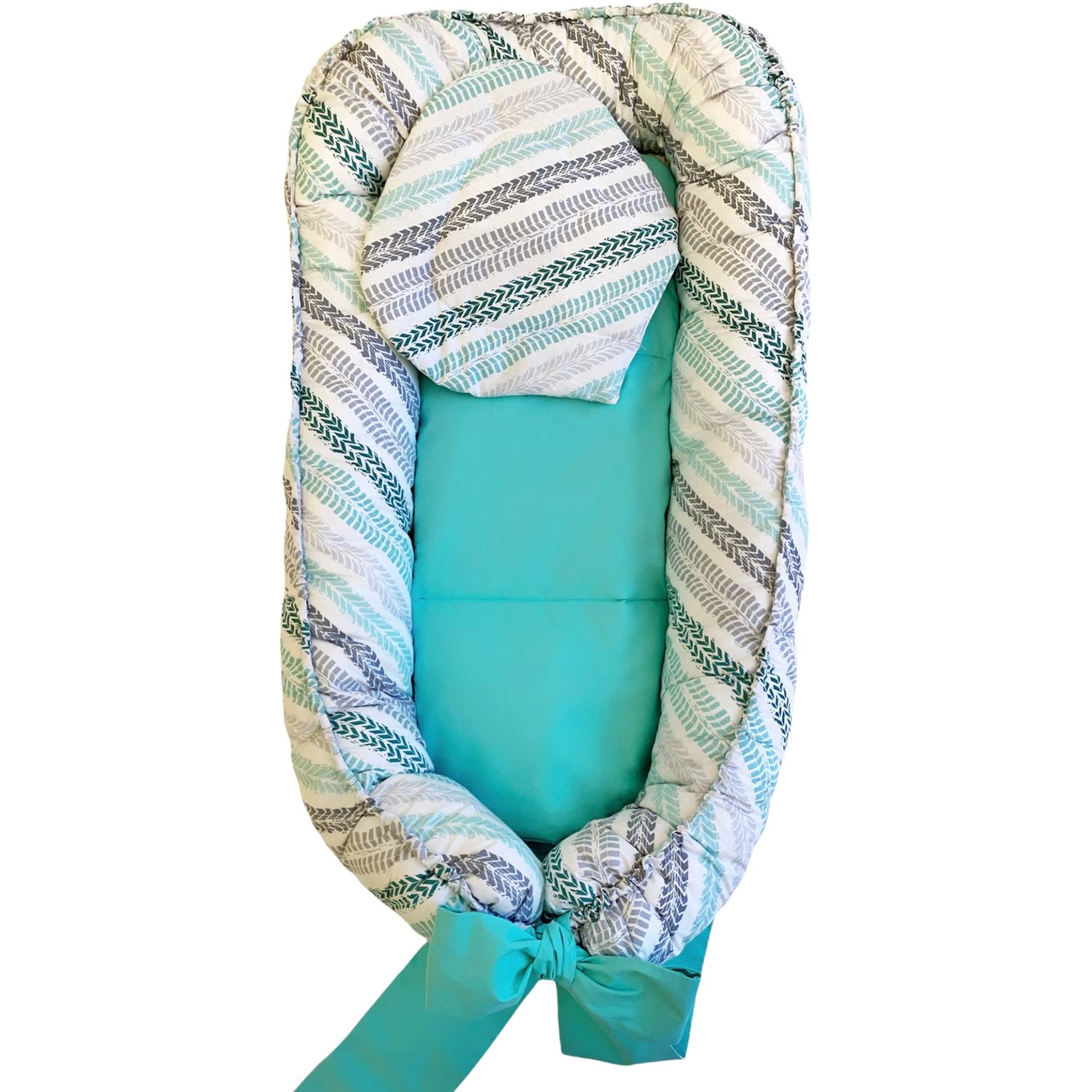 Pozitionator pentru bebelusi, Baby Nest, Model Sageti Turcoaz, 100% bumbac Ranforce, Gri Turcoaz fotografia produsului