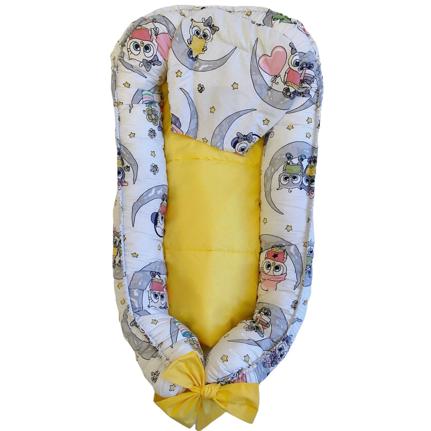 Pozitionator pentru bebelusi, Baby Nest, Model Bufnite Gri, 100% bumbac Ranforce, Galben - Gri fotografia produsului