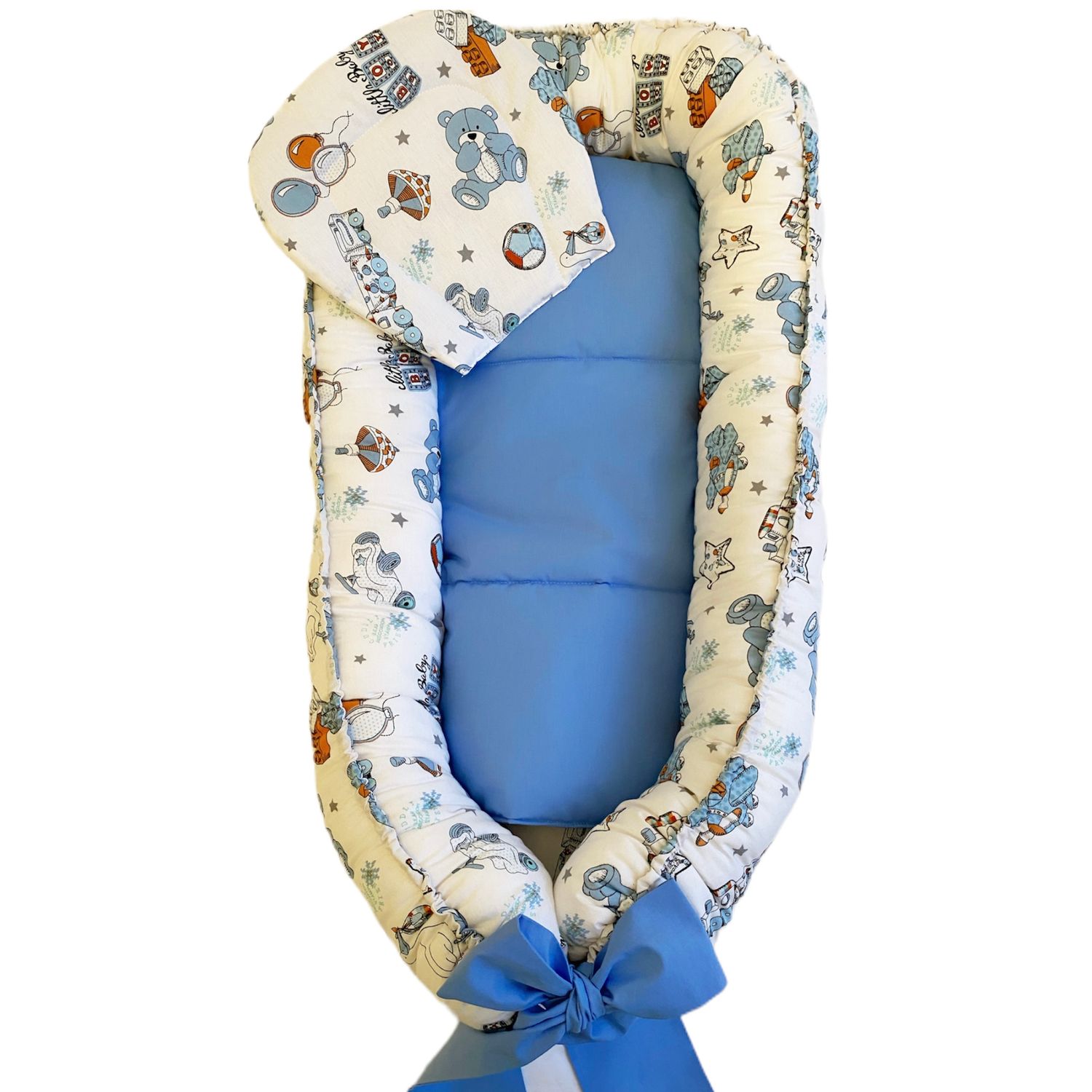 Pozitionator pentru bebelusi, Baby Nest, Model Ursuleti Albastru, 100% bumbac Ranforce, Bleu - Albastru fotografia produsului