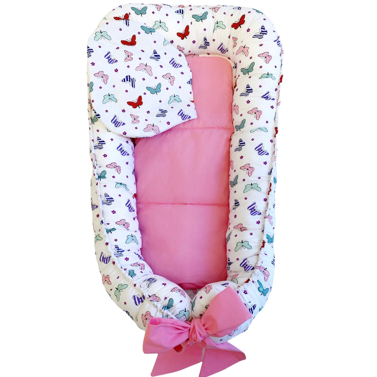 Pozitionator pentru bebelusi, Baby Nest, Model Fluturasi, 100% bumbac Ranforce, Roz - Albastru fotografia produsului