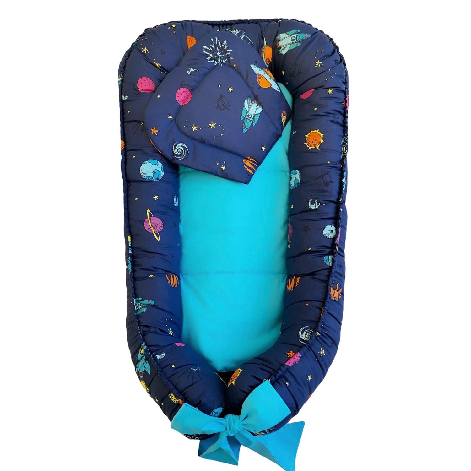 Pozitionator pentru bebelusi, Baby Nest, Model Planete, 100% bumbac Ranforce, Albastru - Turcoaz fotografia produsului