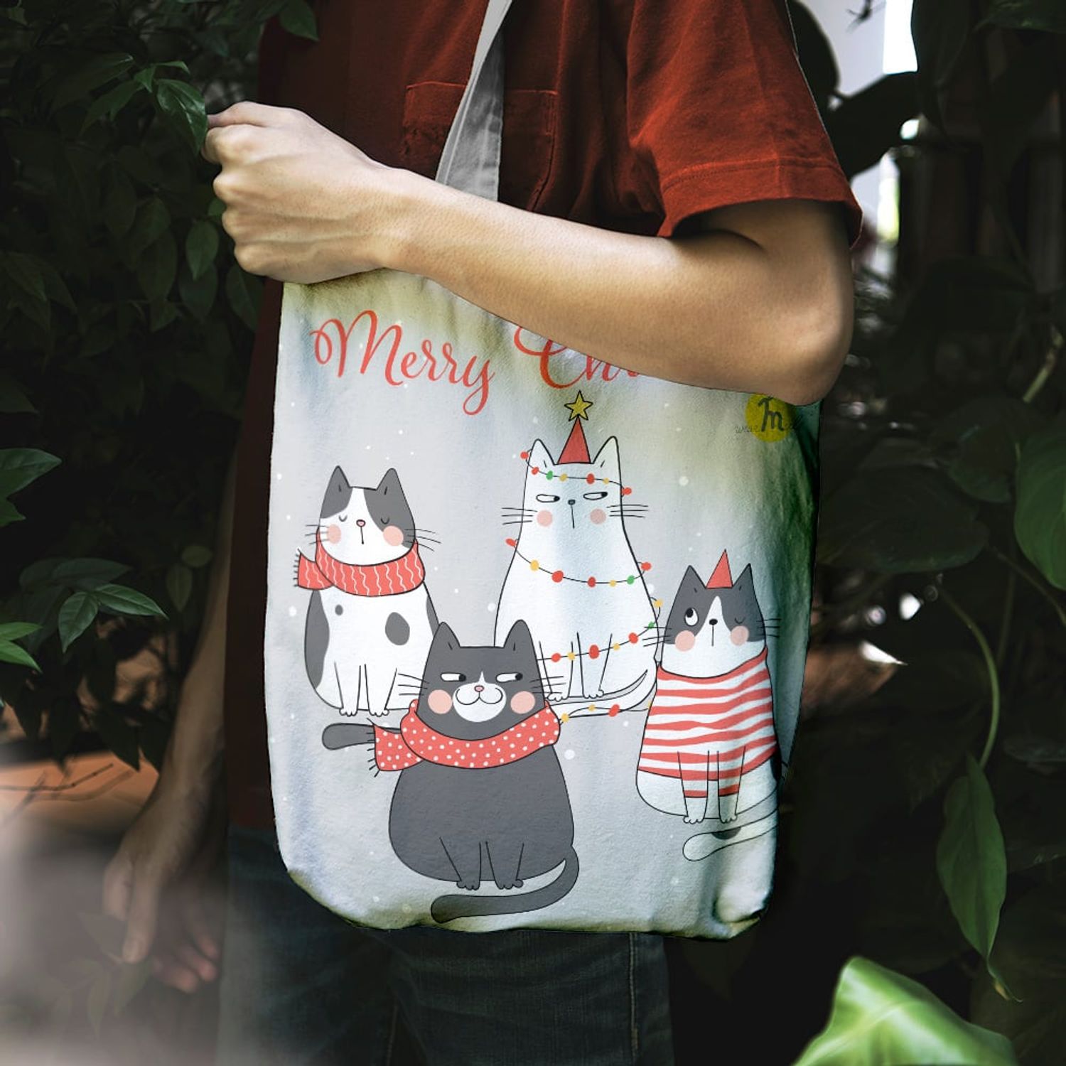 Geanta Handmade Tote Liner cu Captuseala, Merry Christmas Urare de Craciun de la 4 Pisici, Multicolor, 45x37 cm fotografia produsului View 5 L