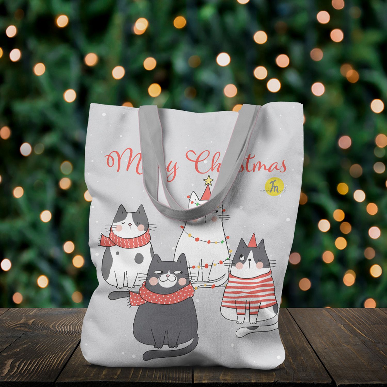 Geanta Handmade Tote Liner cu Captuseala, Merry Christmas Urare de Craciun de la 4 Pisici, Multicolor, 45x37 cm fotografia produsului View 6 L