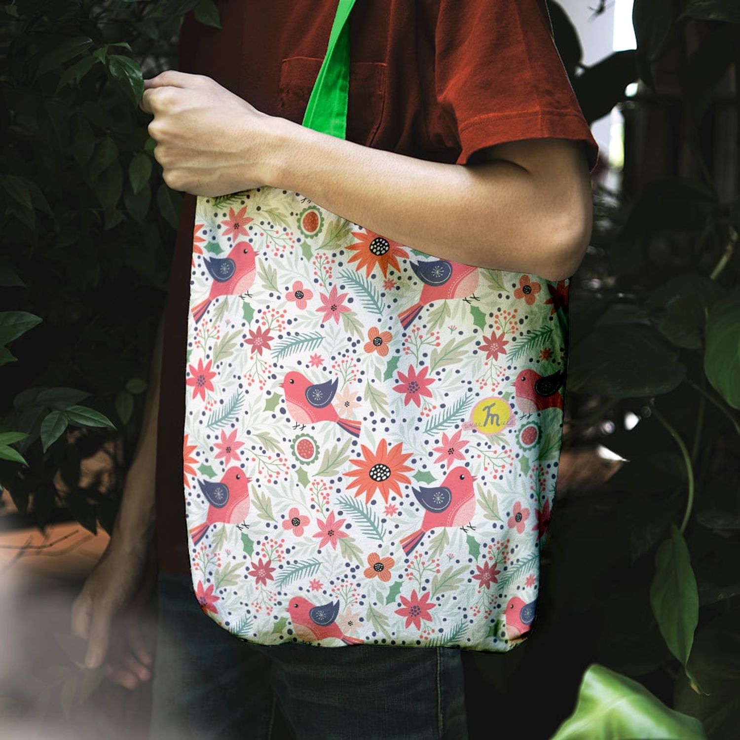 Geanta Handmade Tote Liner cu Captuseala, Pattern cu Pasari si Plante, Multicolor, 45x37 cm fotografia produsului View 3 L