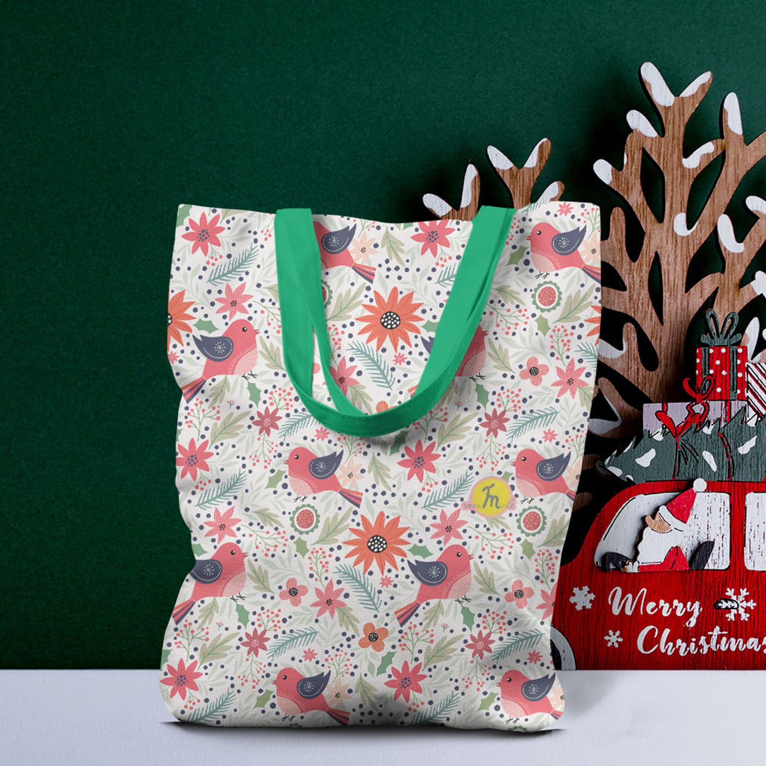 Geanta Handmade Tote Liner cu Captuseala, Pattern cu Pasari si Plante, Multicolor, 45x37 cm fotografia produsului View 2 L