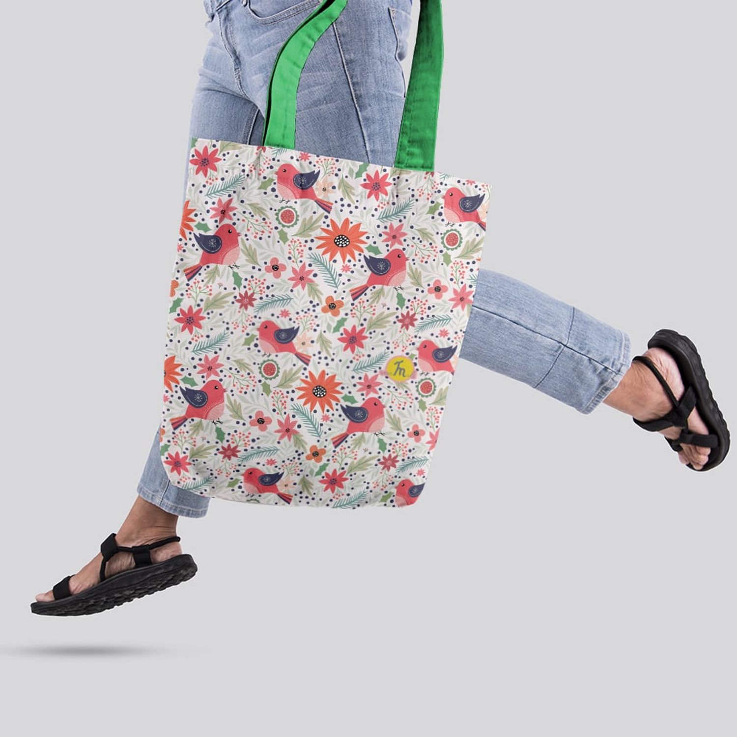 Geanta Handmade Tote Liner cu Captuseala, Pattern cu Pasari si Plante, Multicolor, 45x37 cm fotografia produsului View 5 L