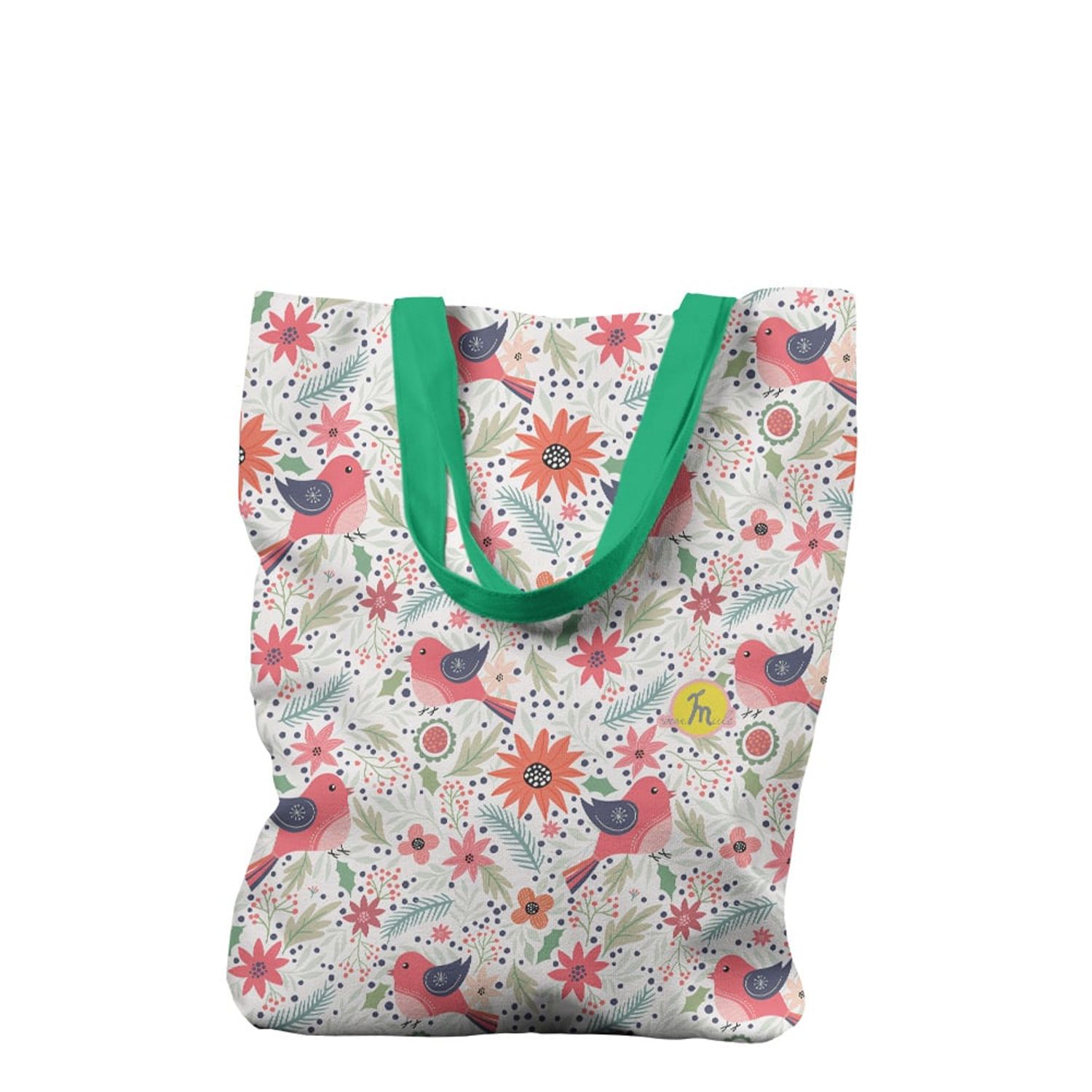 Geanta Handmade Tote Liner cu Captuseala, Pattern cu Pasari si Plante, Multicolor, 45x37 cm fotografia produsului